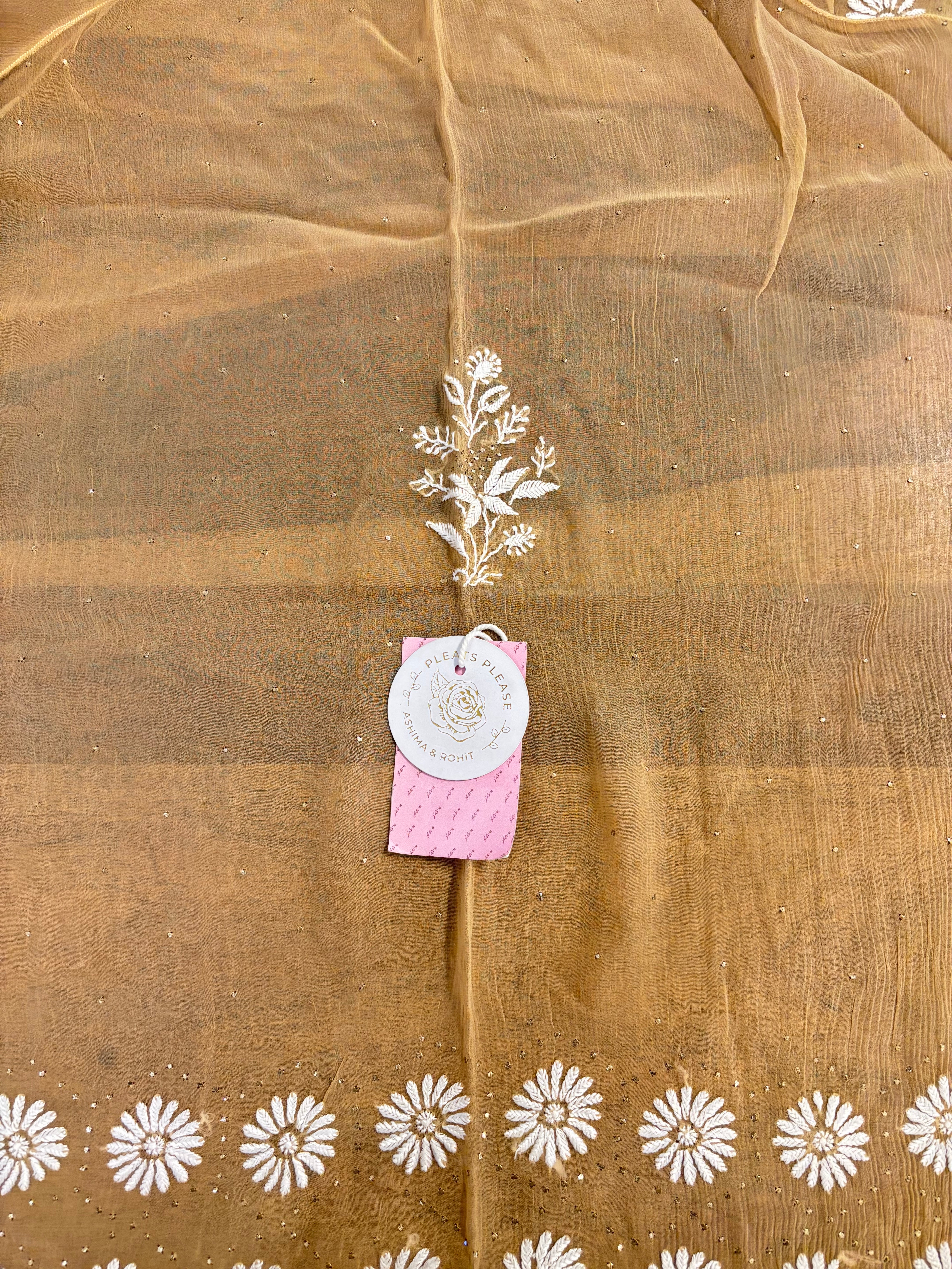 Beige-Gold Pure Chiffon Front Tucks Mukaish & Chikankari Kurta