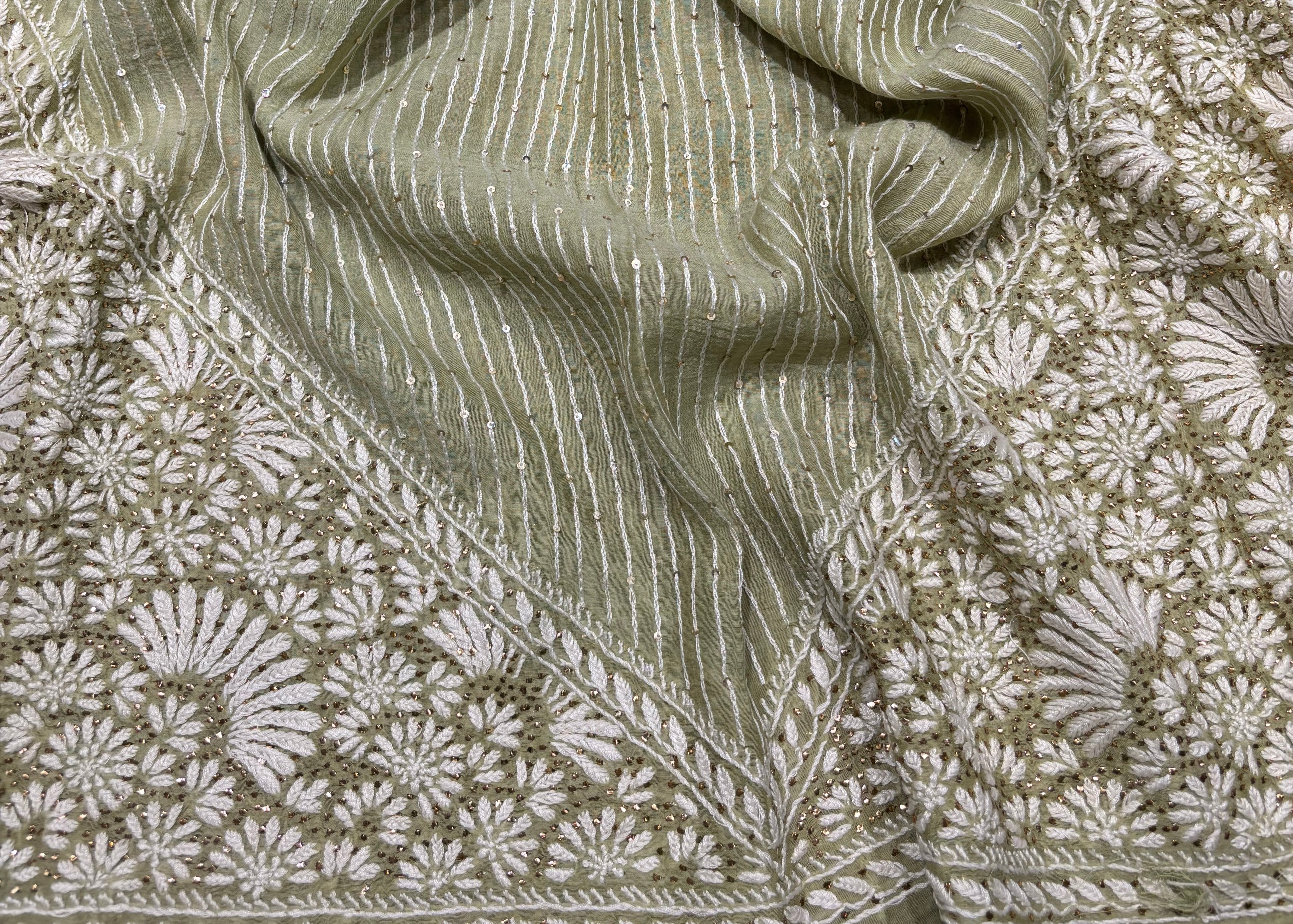 Green Chanderi Mul Chikankari & Mukaish Kurta & Dupatta Set