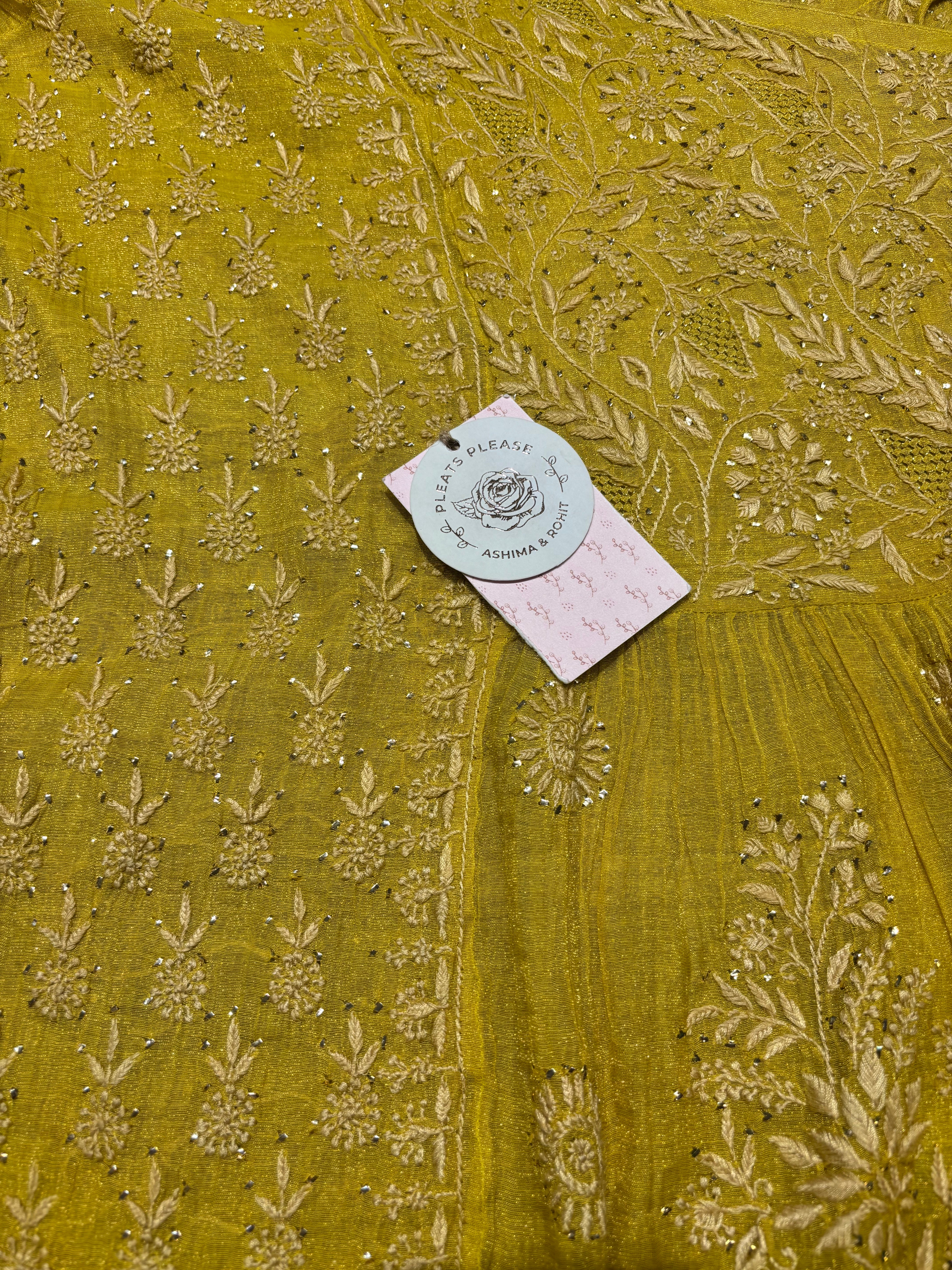Yellow Pure and Premium Tissue Chikankari & Mukaish Angrakha and Dupatta Set