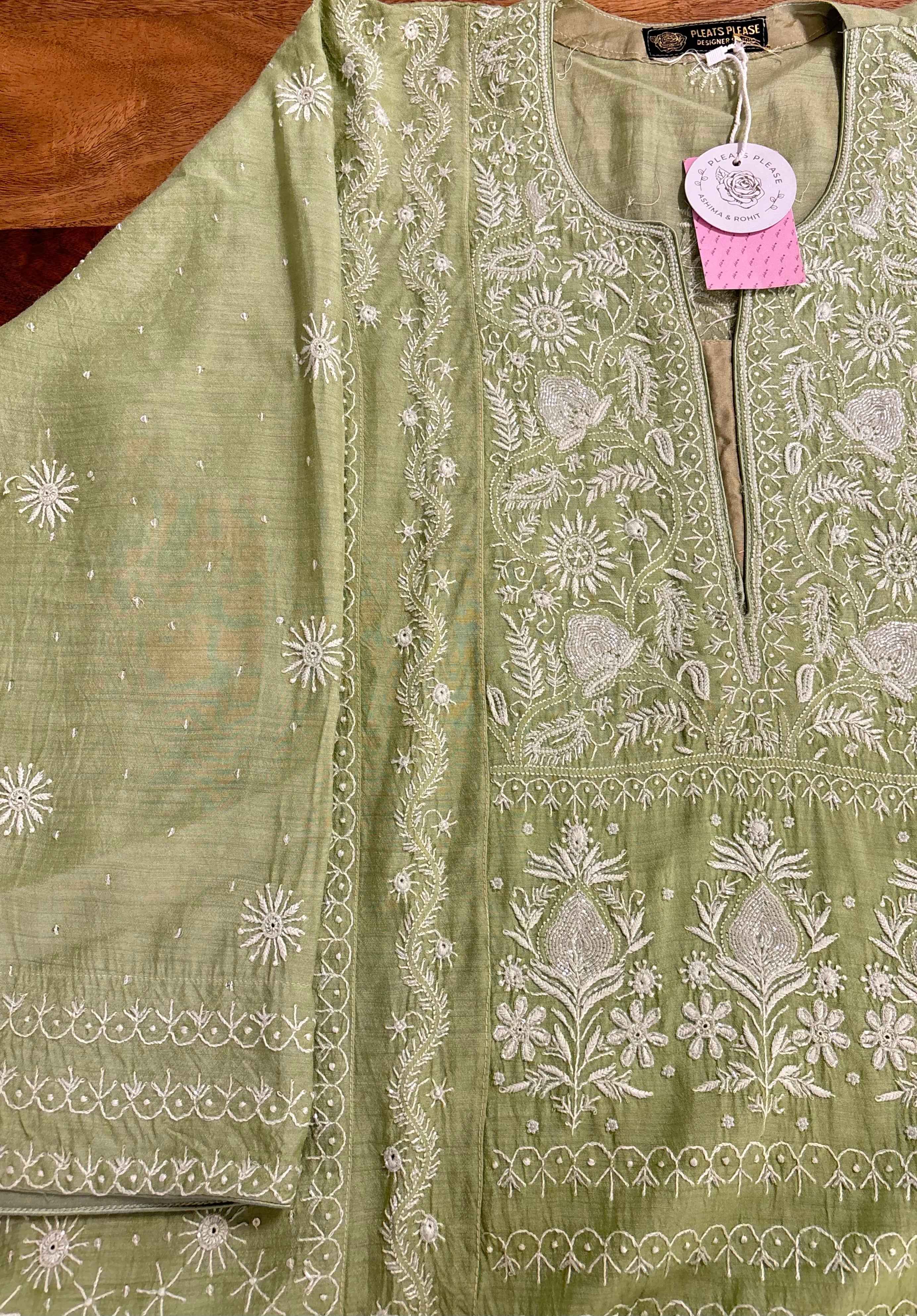 Sage Green Chikankari Munga Silk Kurta Dupatta Set