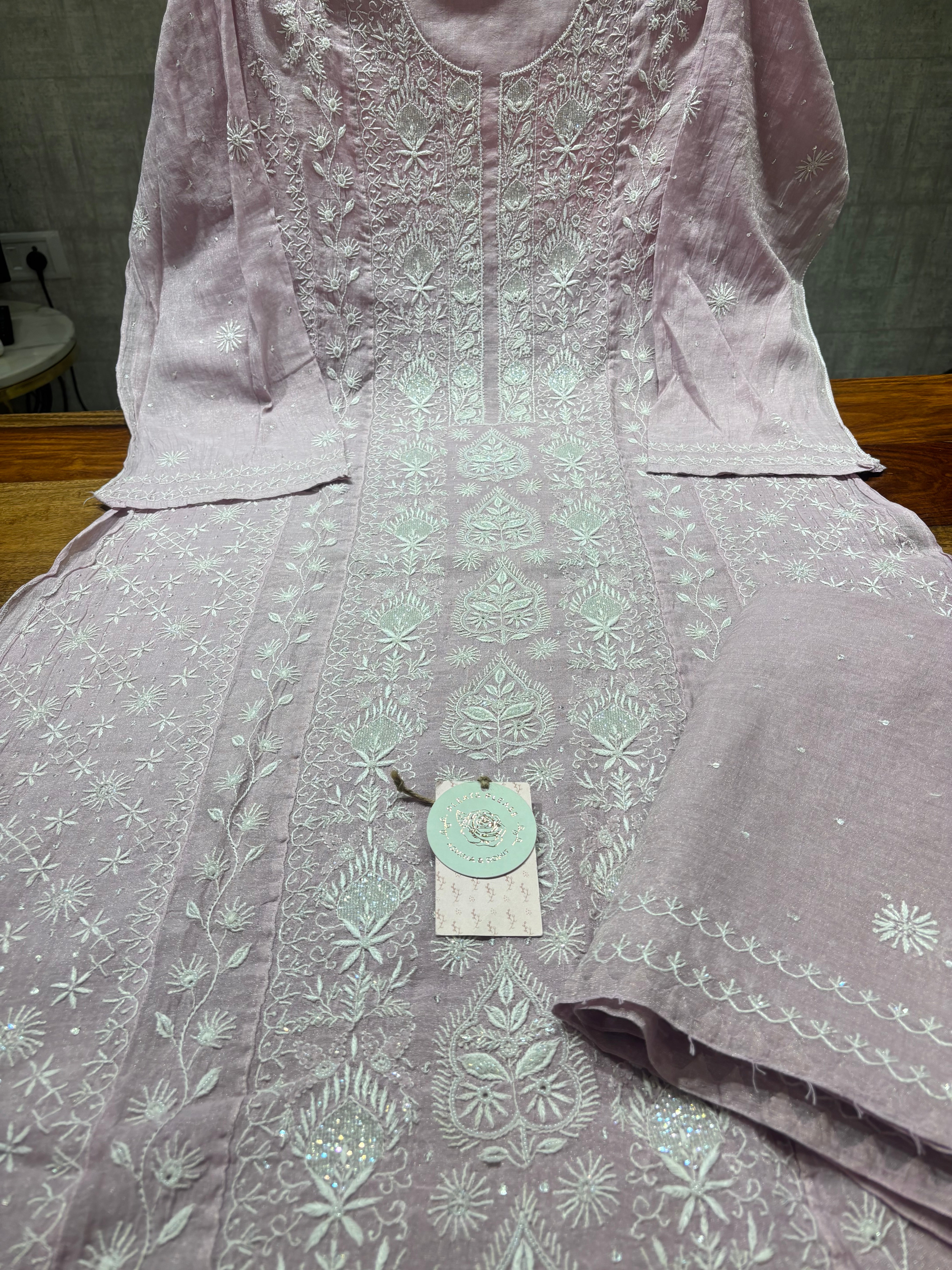 Lilac Tissue Chikankari Kalidar kurta and Dupatta set