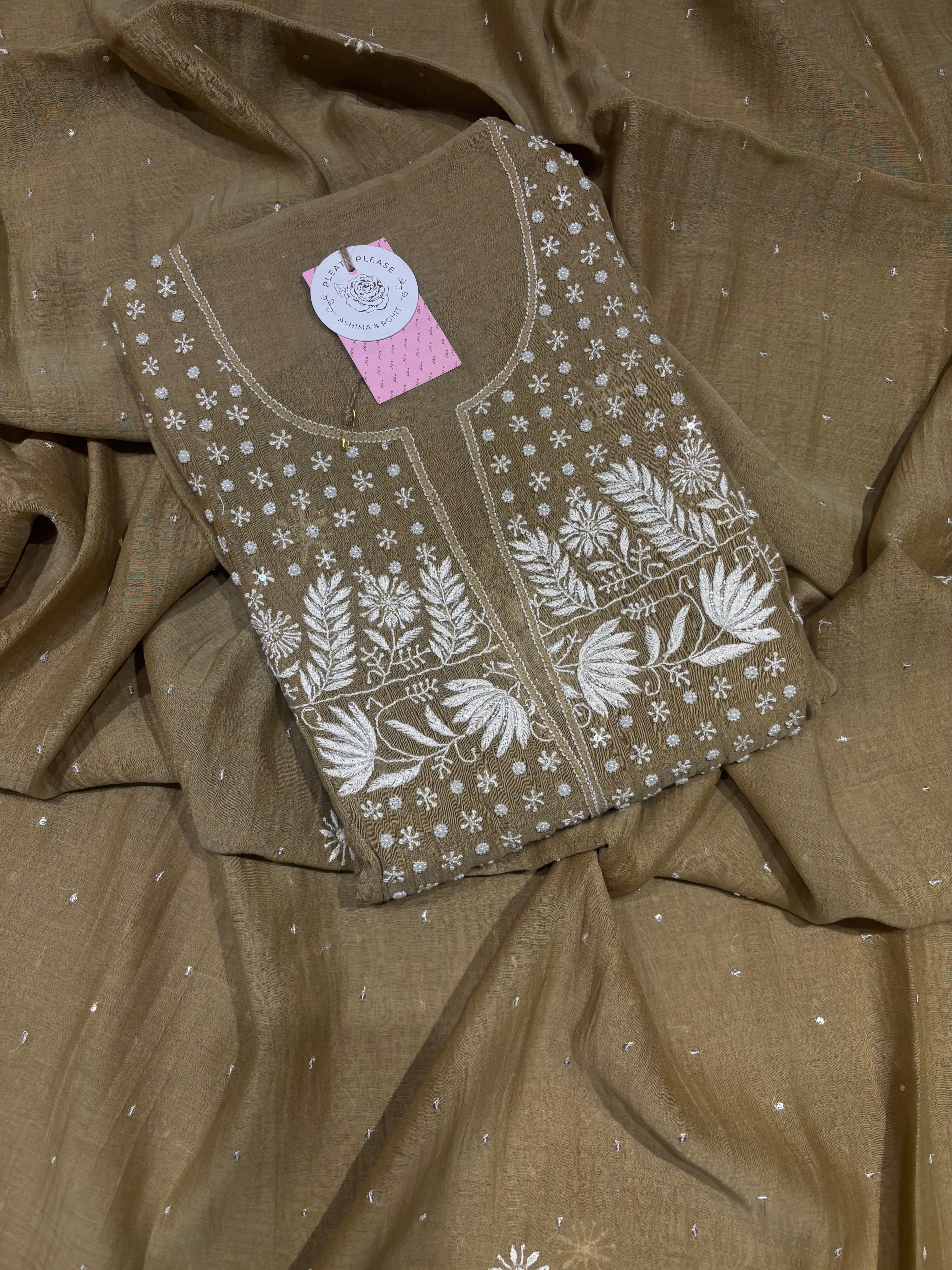 Military Green Chanderi Mul Chikankari Kurta and Dupatta Set