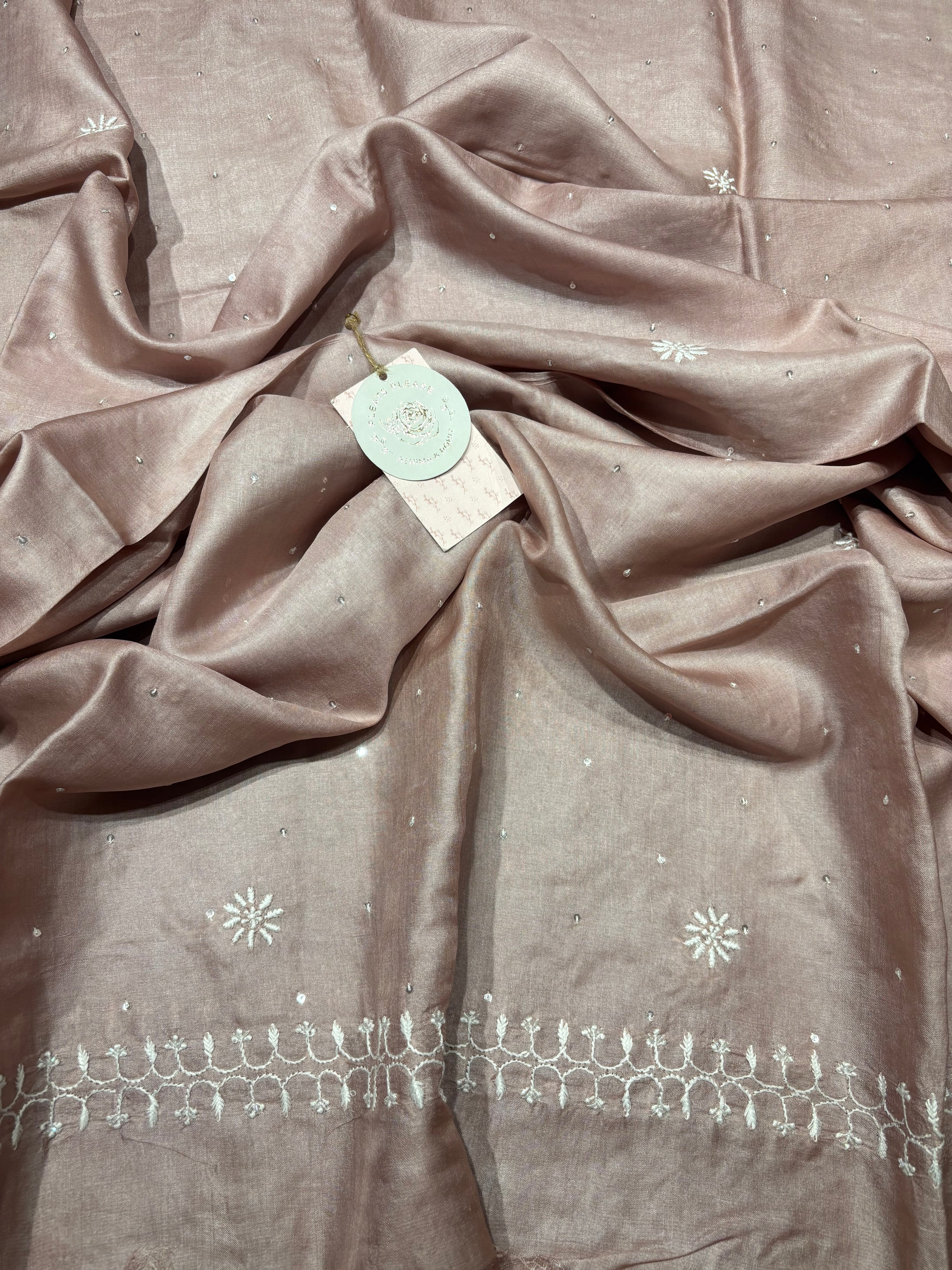 Rose Gold Tussar Silk Chikankari Kurta And Dupatta Set