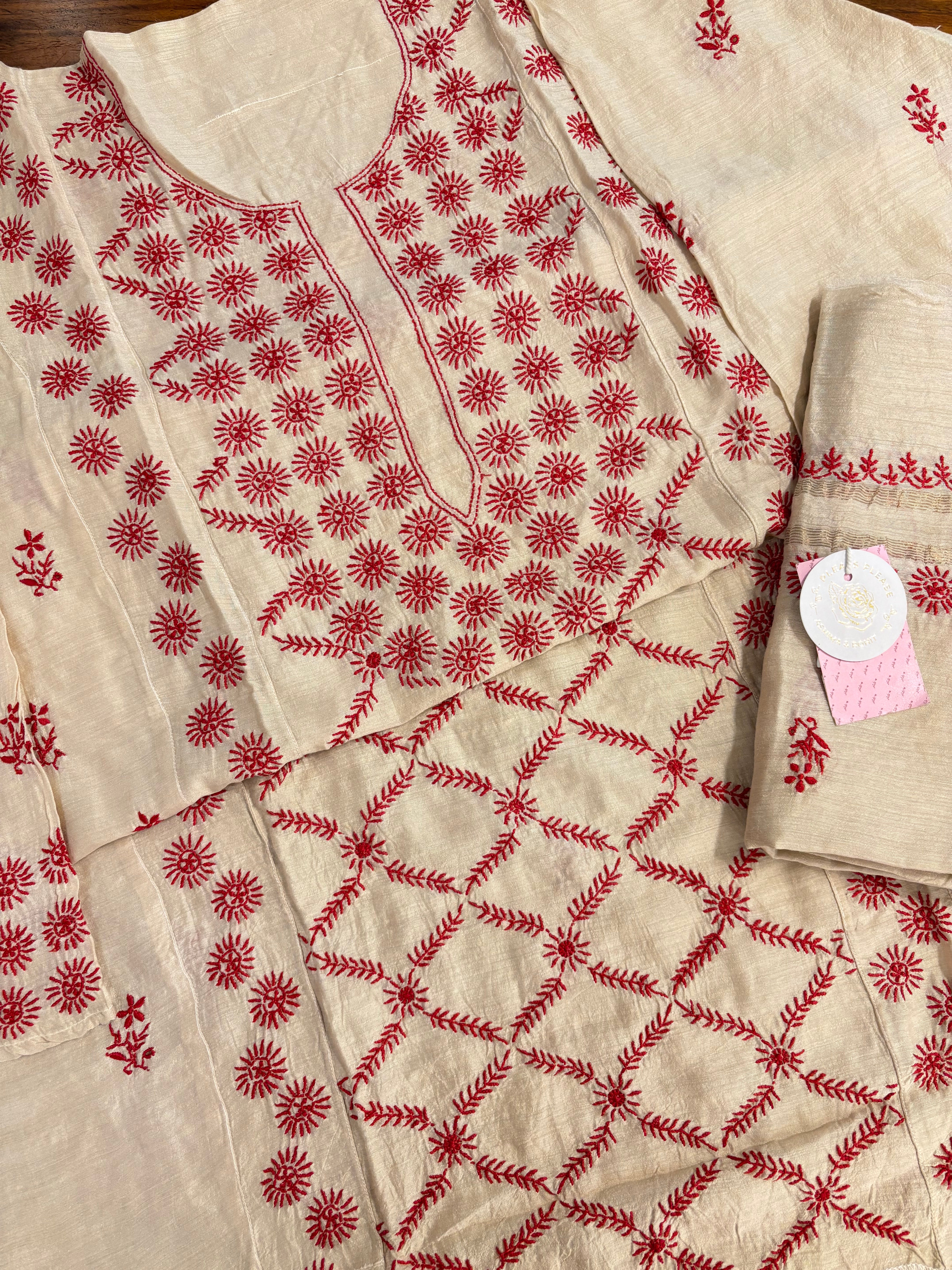 Dyeable Munga Silk Chikankari Kurta & Dupatta Set - Pleats PleaseChikankari