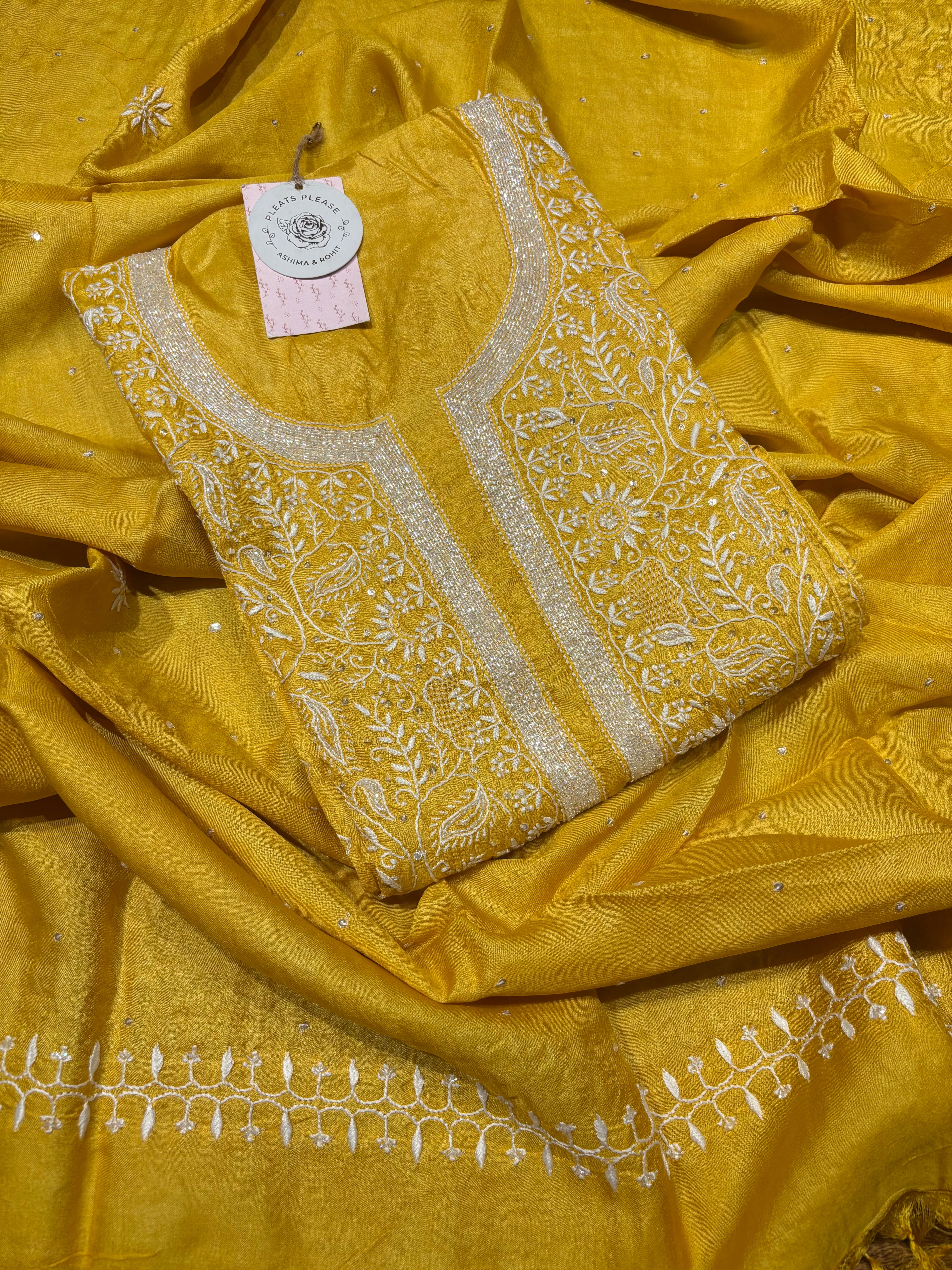 Yellow Tussar Silk Chikankari Kurta and Dupatta Set