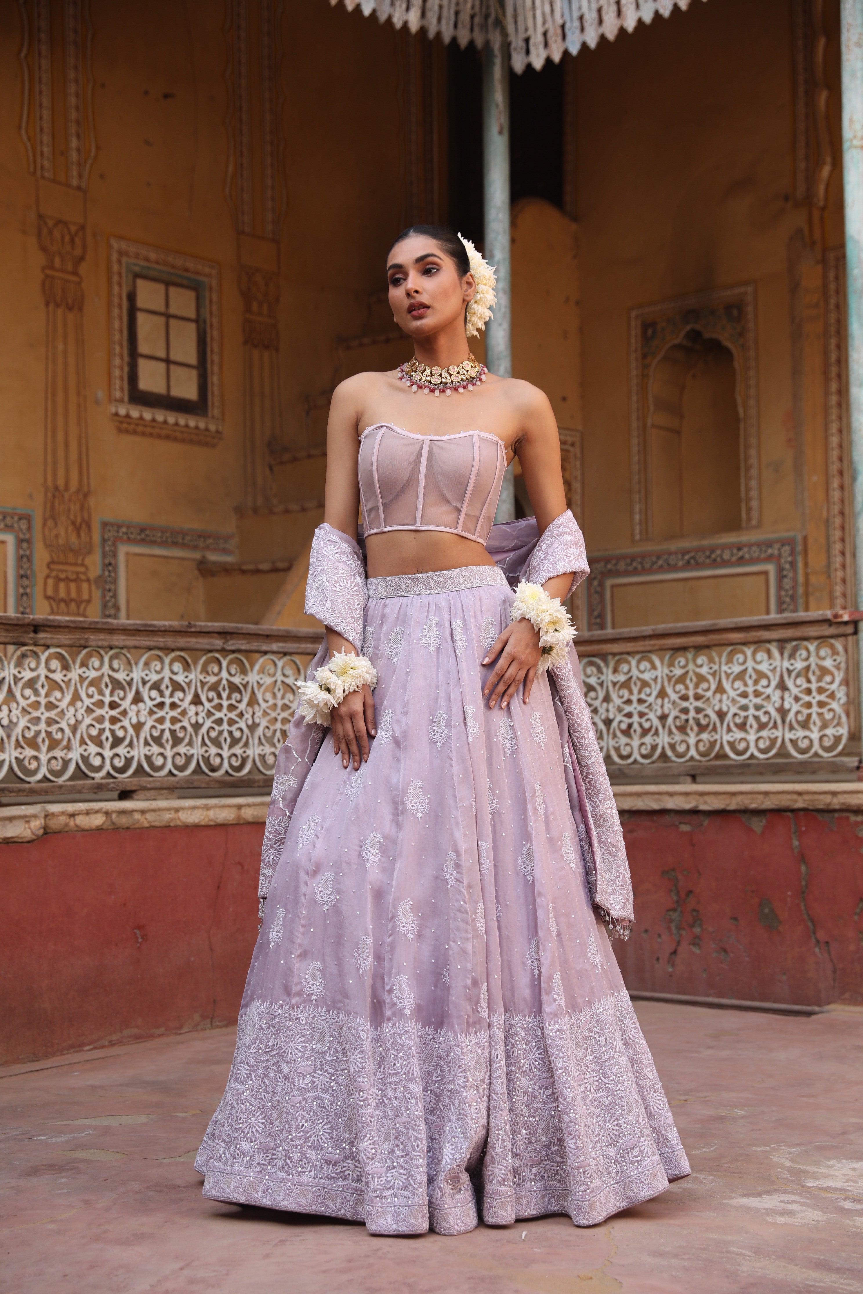 Lavender Latte Pure & Premium Organza Chikankari Lehenga
