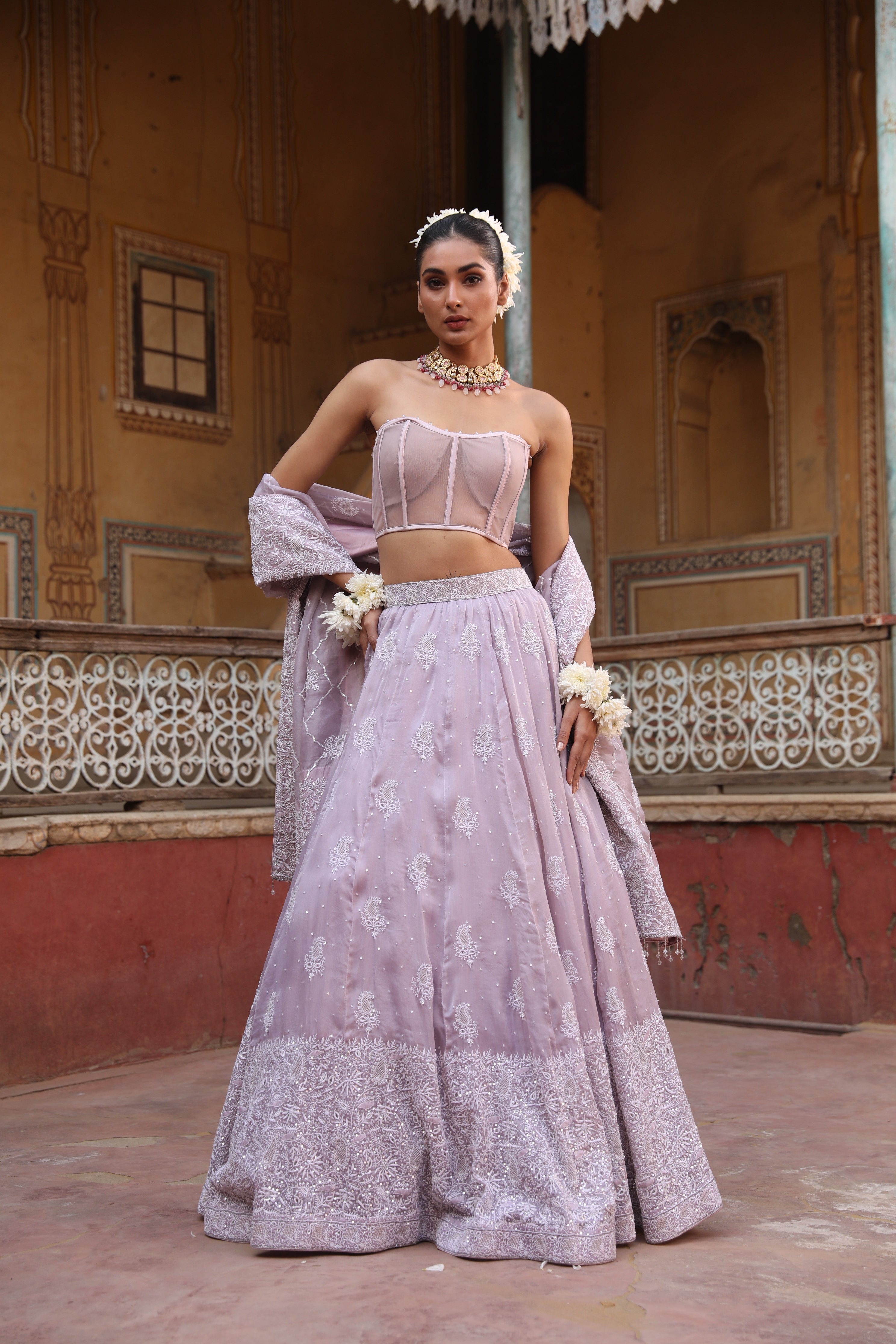 Lavender Latte Pure & Premium Organza Chikankari Lehenga