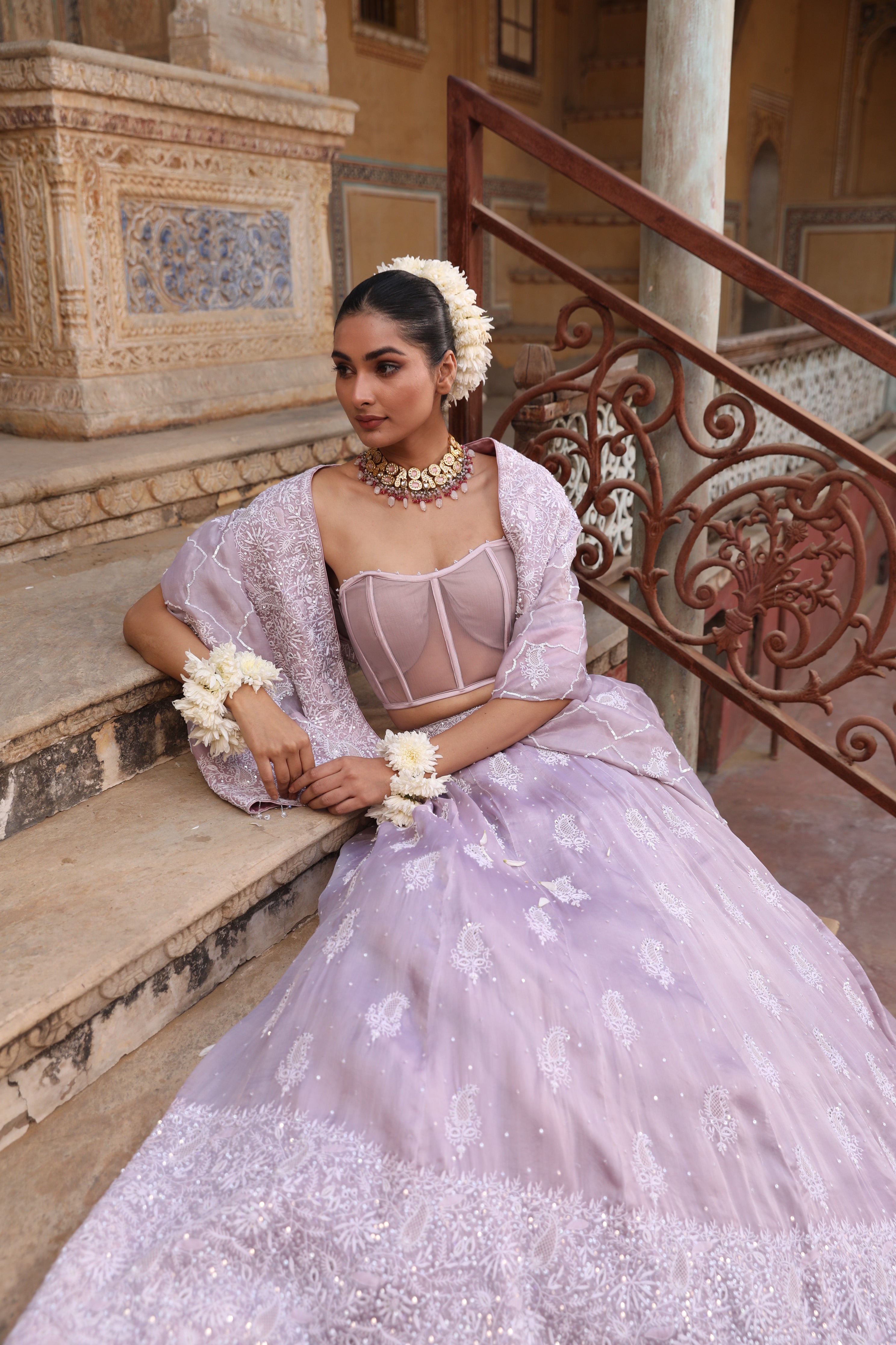 Lavender Latte Pure & Premium Organza Chikankari Lehenga