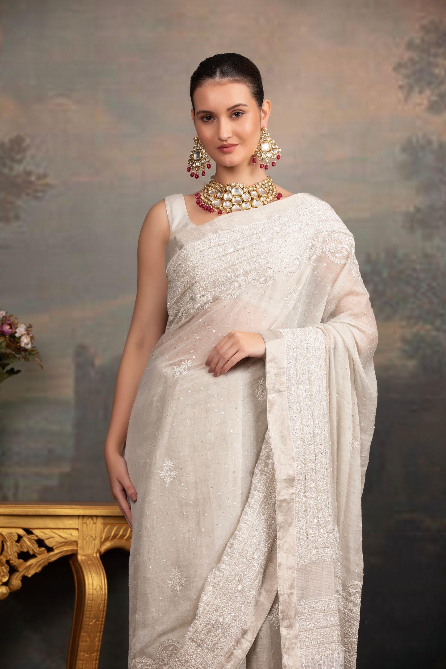 Dyeable Silver Pure Tissue Chikankari Saree and Blouse