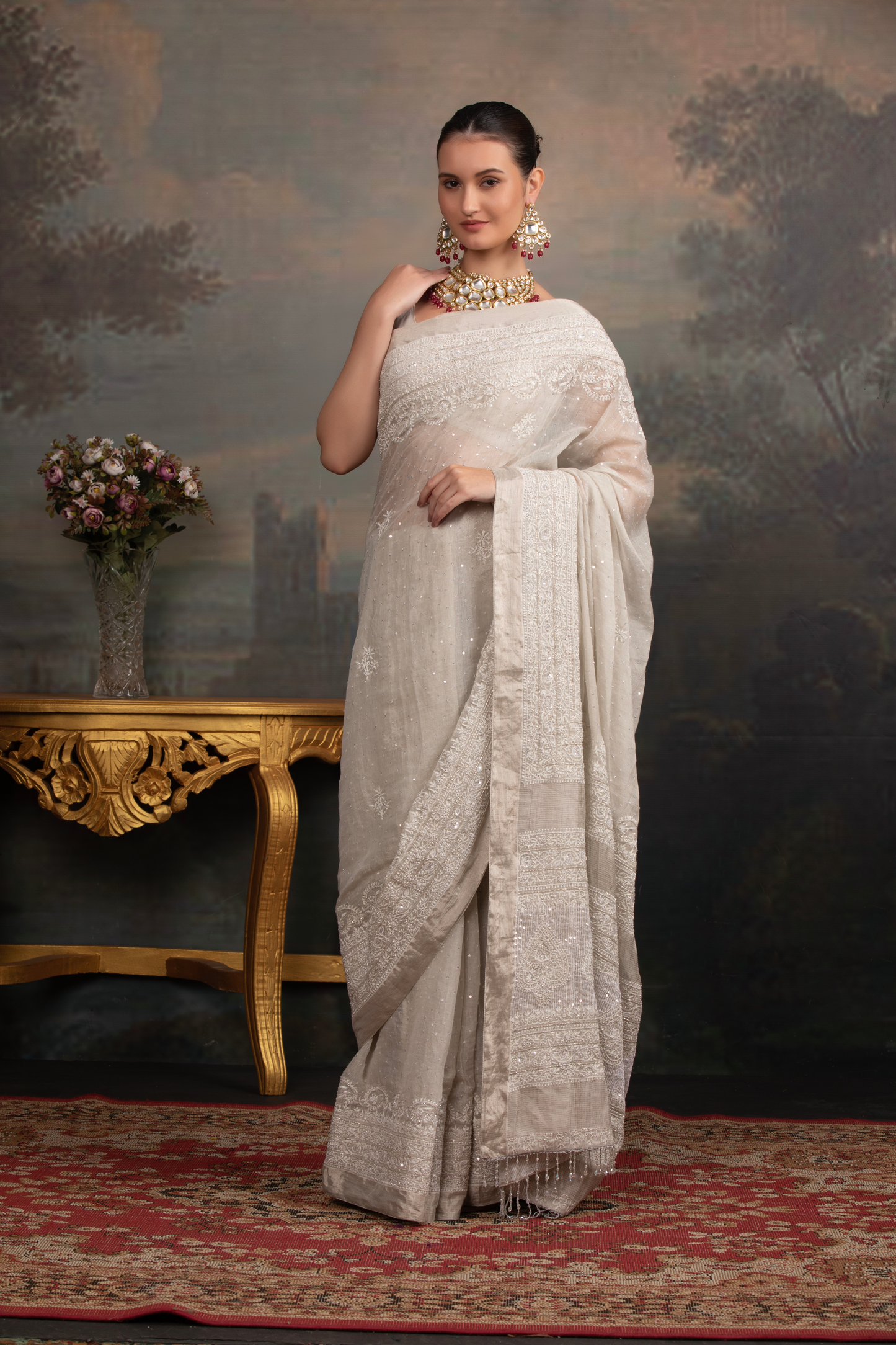 Dyeable Silver Pure Tissue Chikankari Saree and Blouse