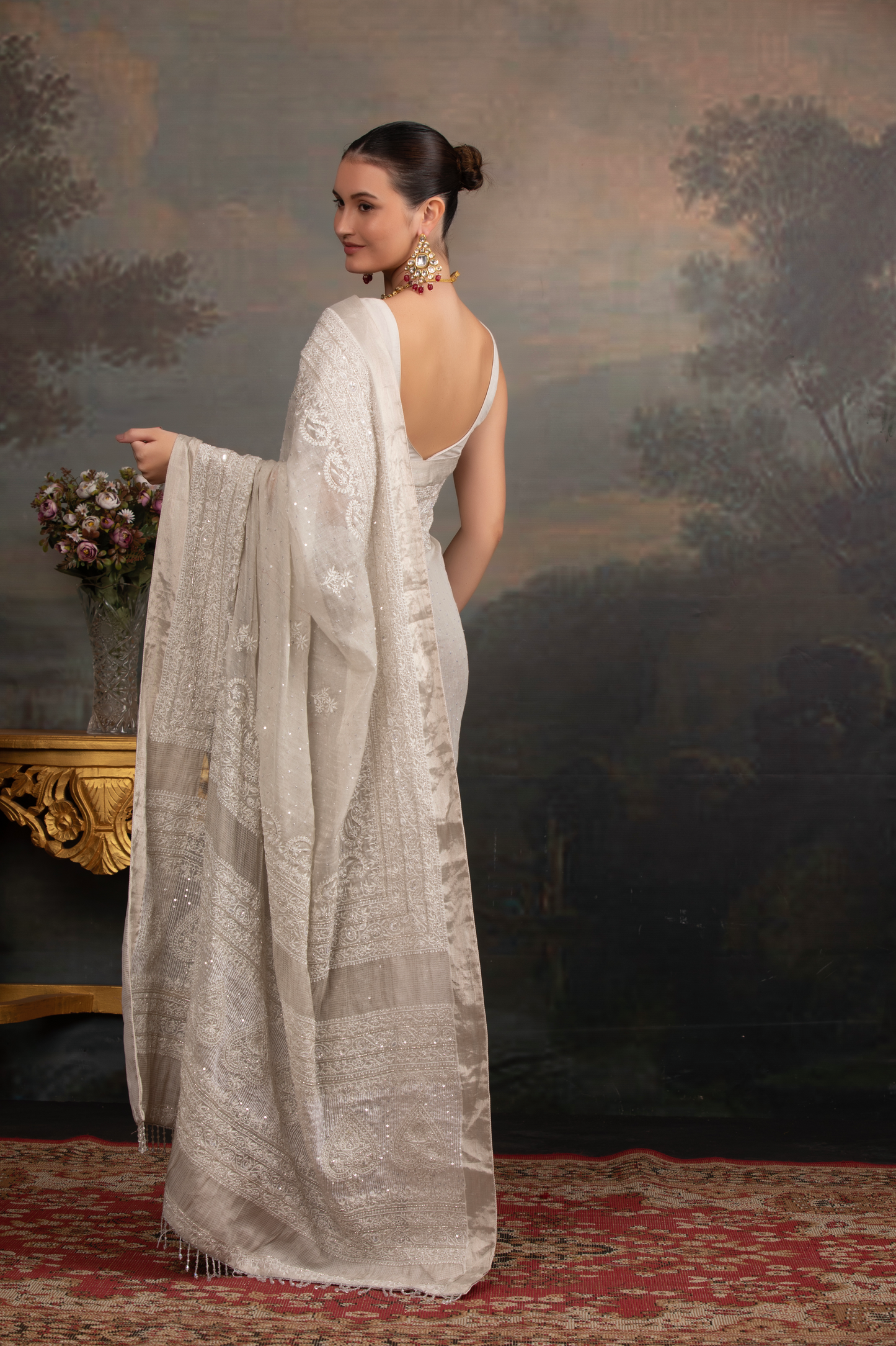 Dyeable Silver Pure Tissue Chikankari Saree and Blouse