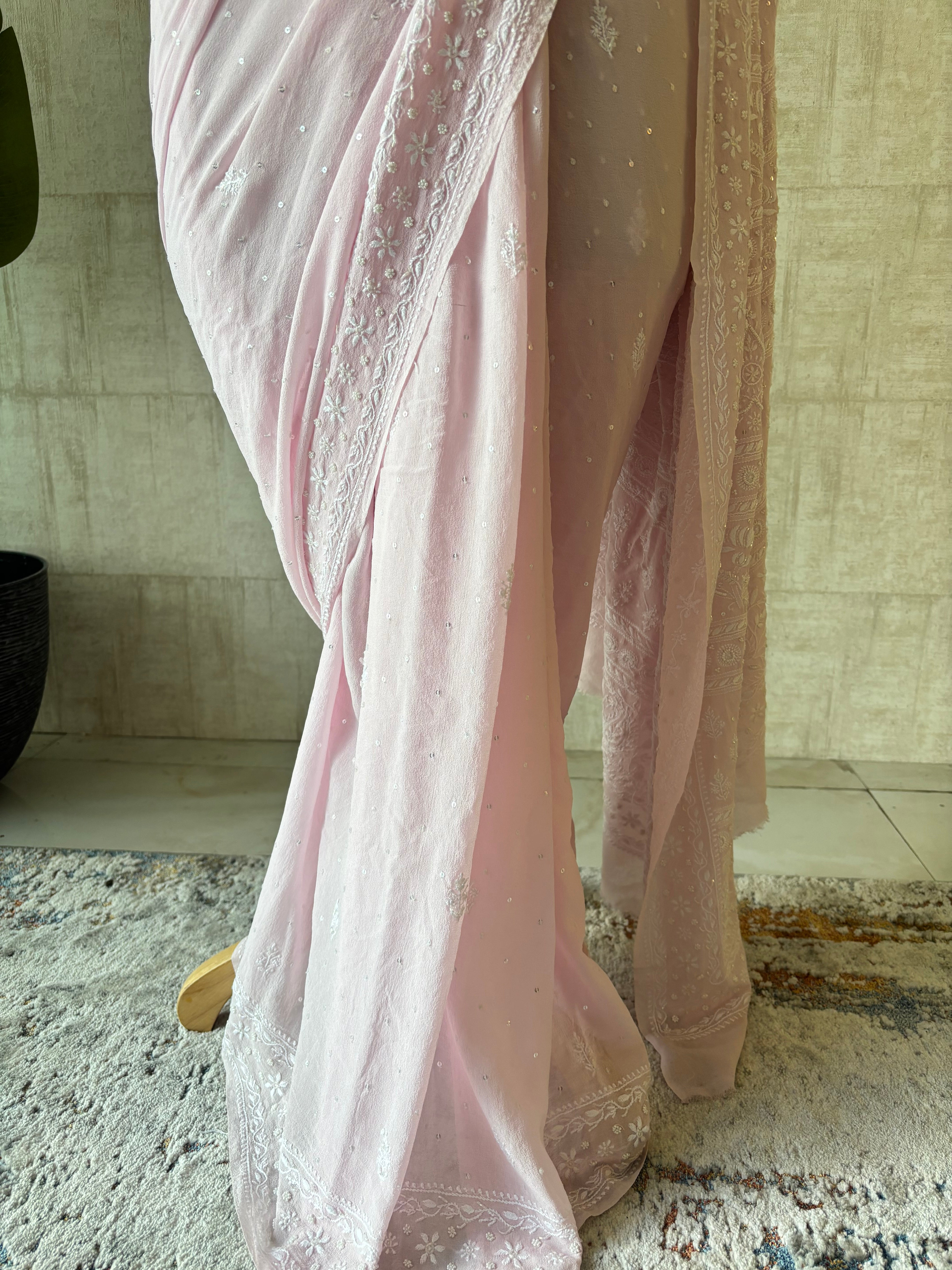 Pink Pure & Premium Georgette Chikankari Saree & Blouse