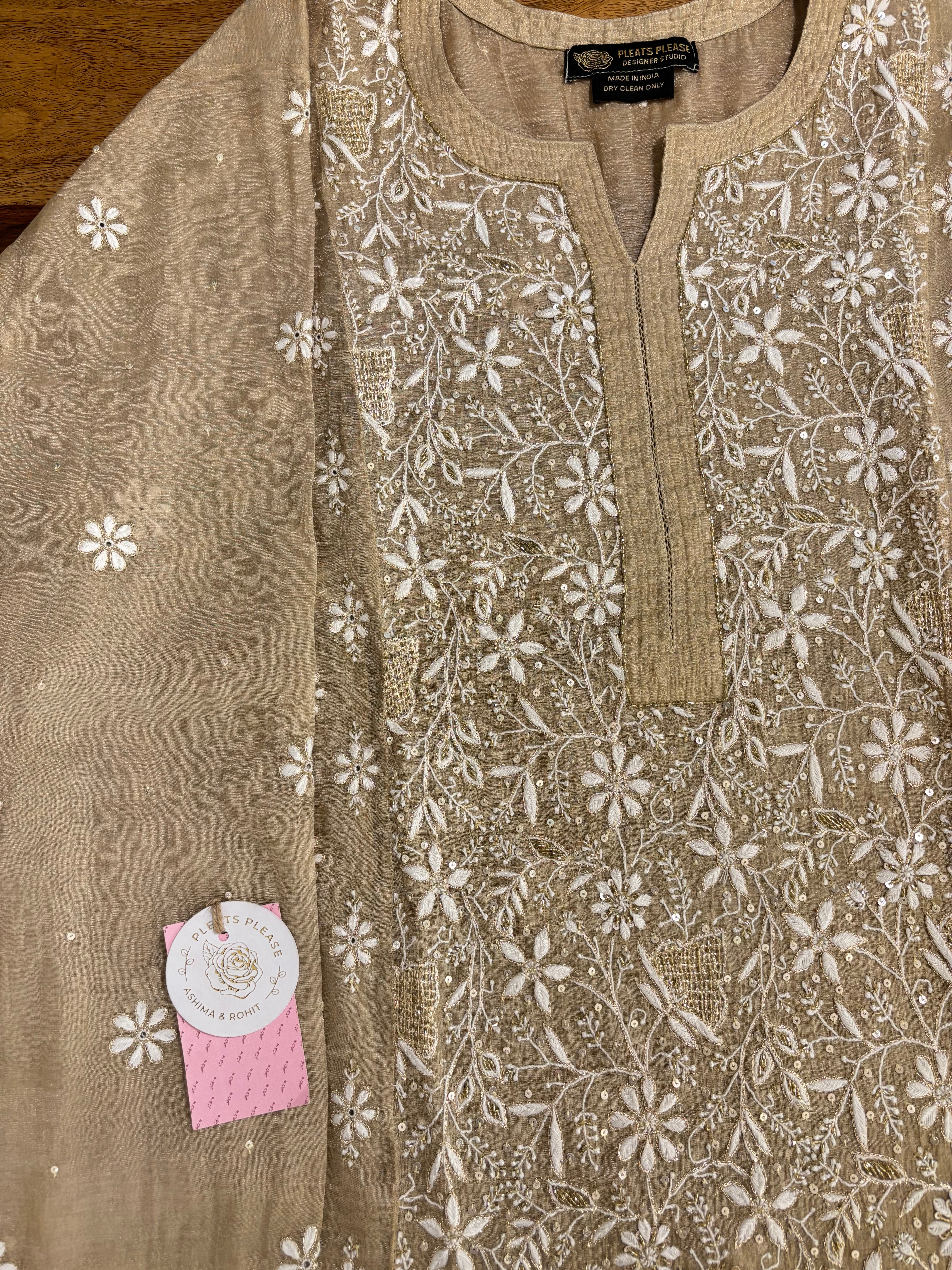 Beige Pure Tissue Chikankari Kurta & Dupatta