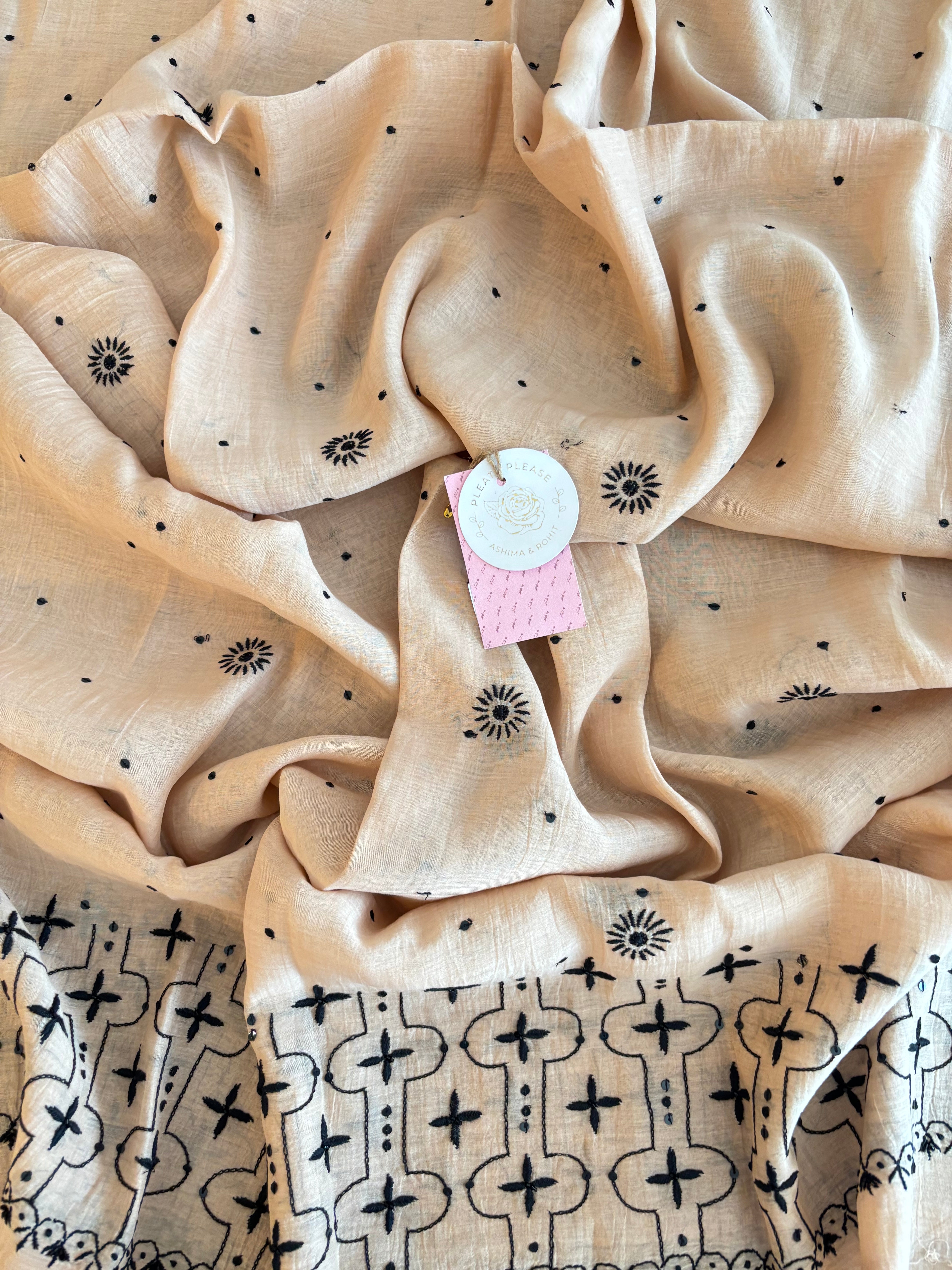 Cream peach Chanderi Mul Chikankari A-line Kurta & Dupatta
