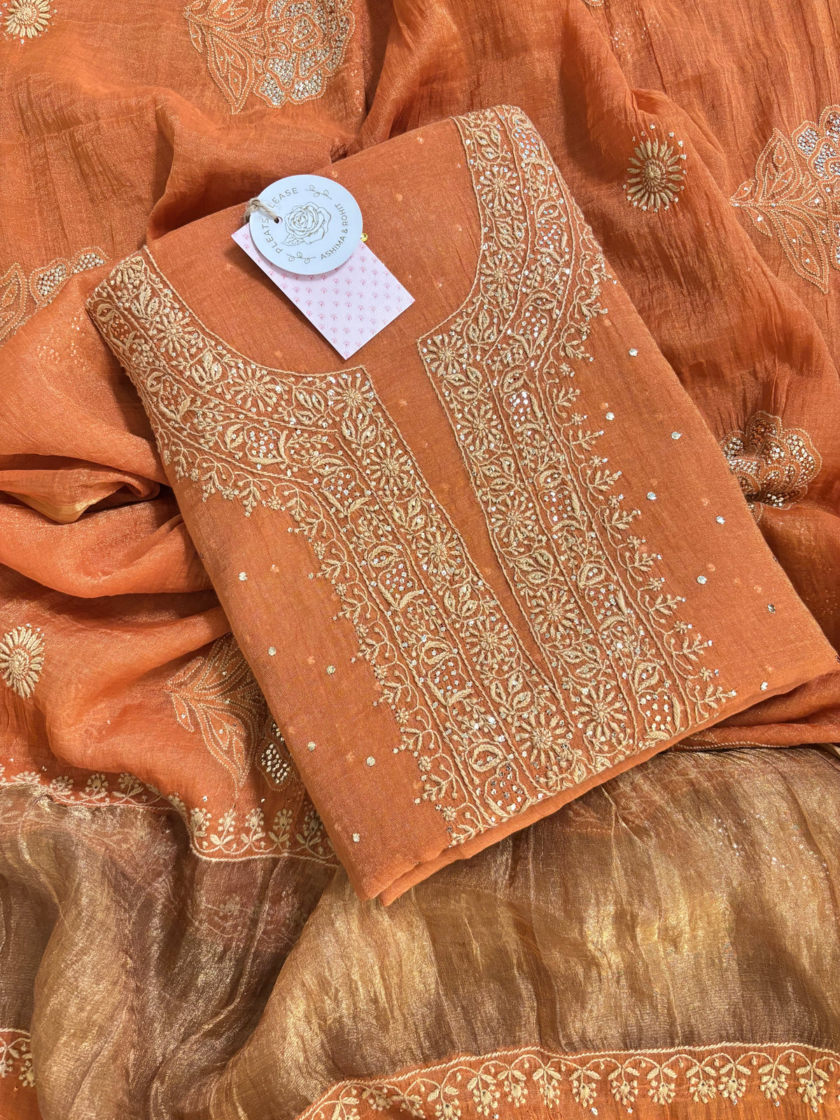Burnt Orange Pure & Premium Tissue Chikankari Mukaish Kurta & Dupatta