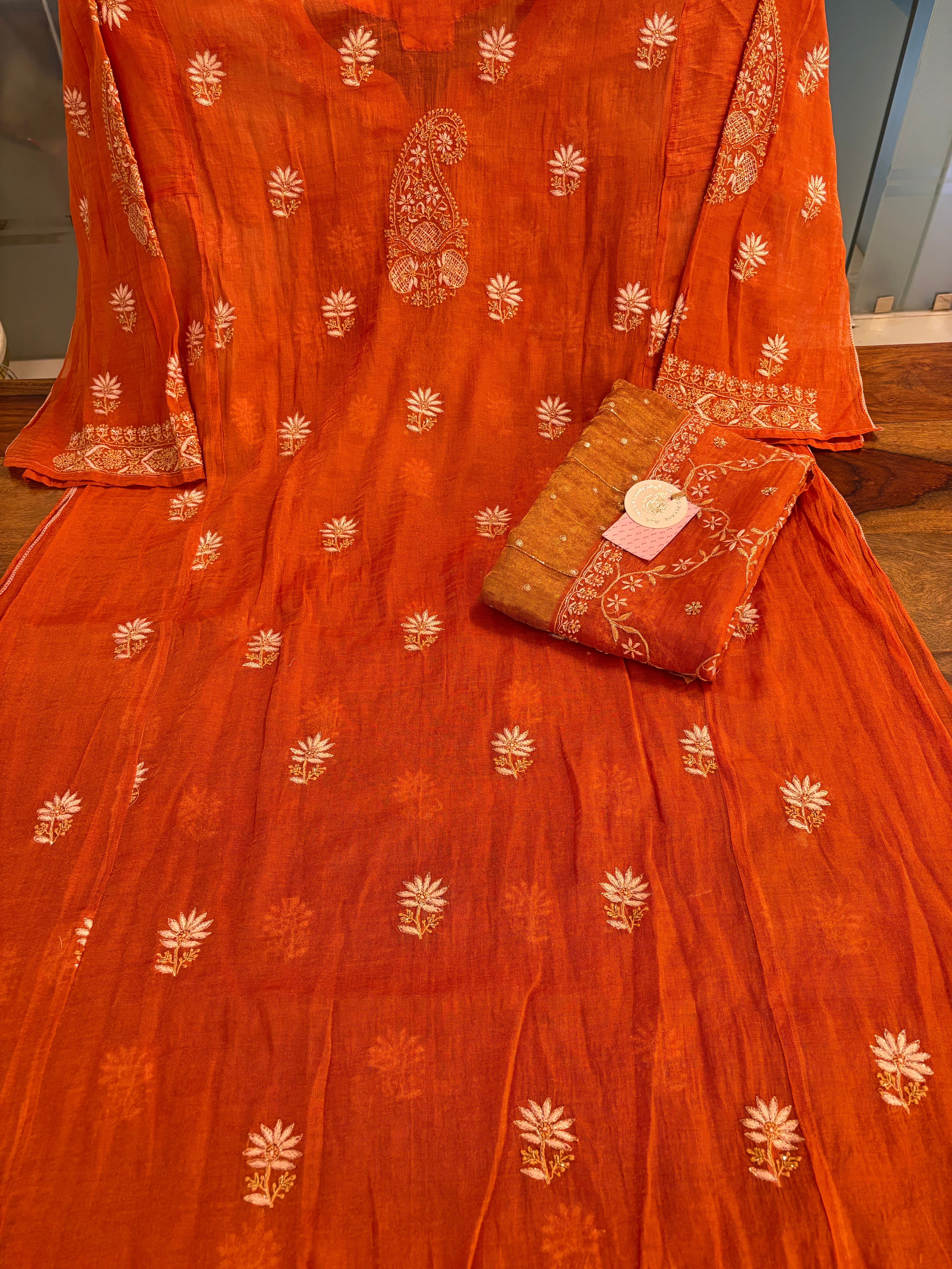 Burnt Orange Pure & Premium Tissue Chikankari A-Line Kurta & Dupatta