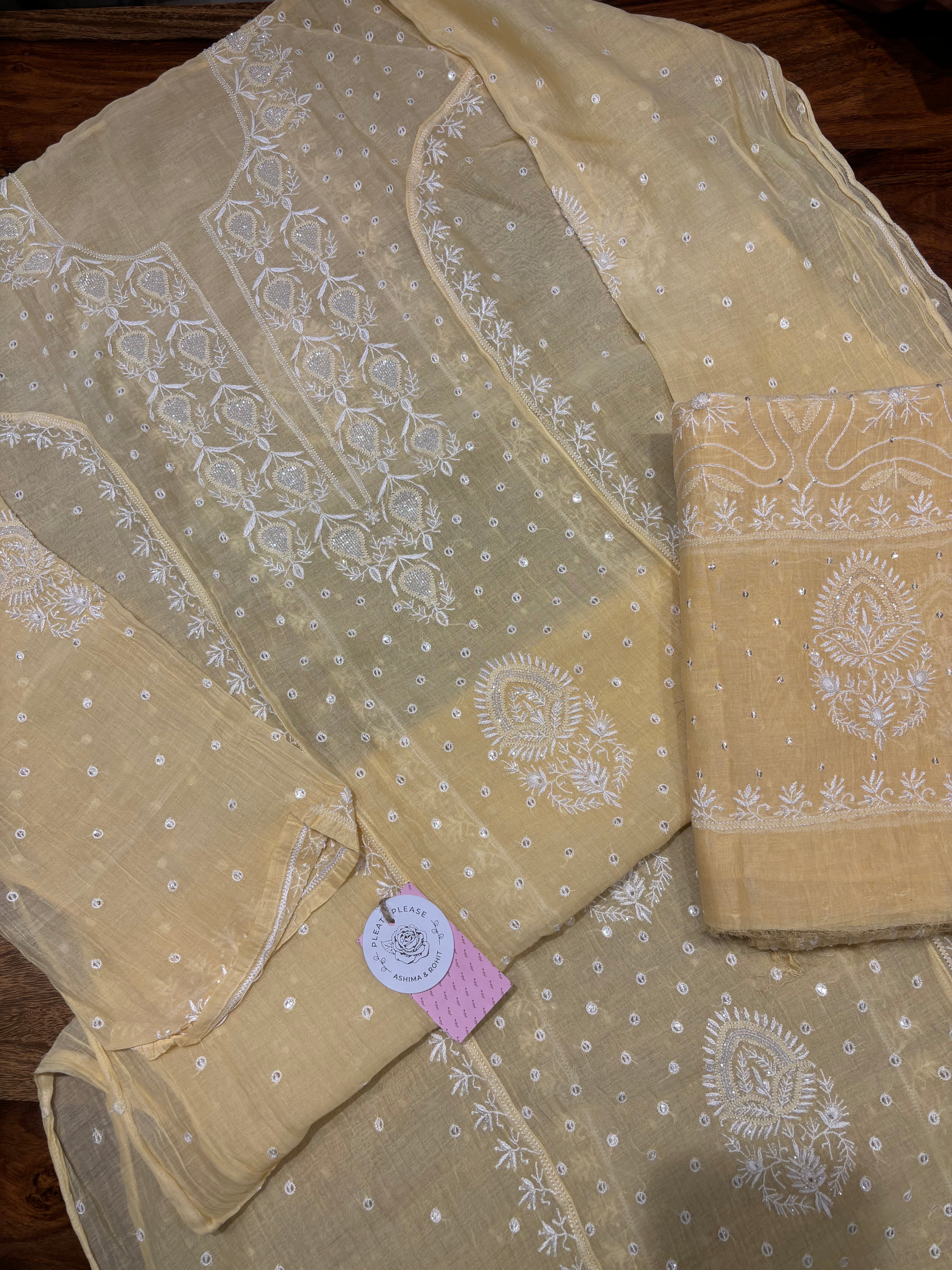 Butter Yellow Chanderi Mul Chikankari Kurta & Dupatta Set