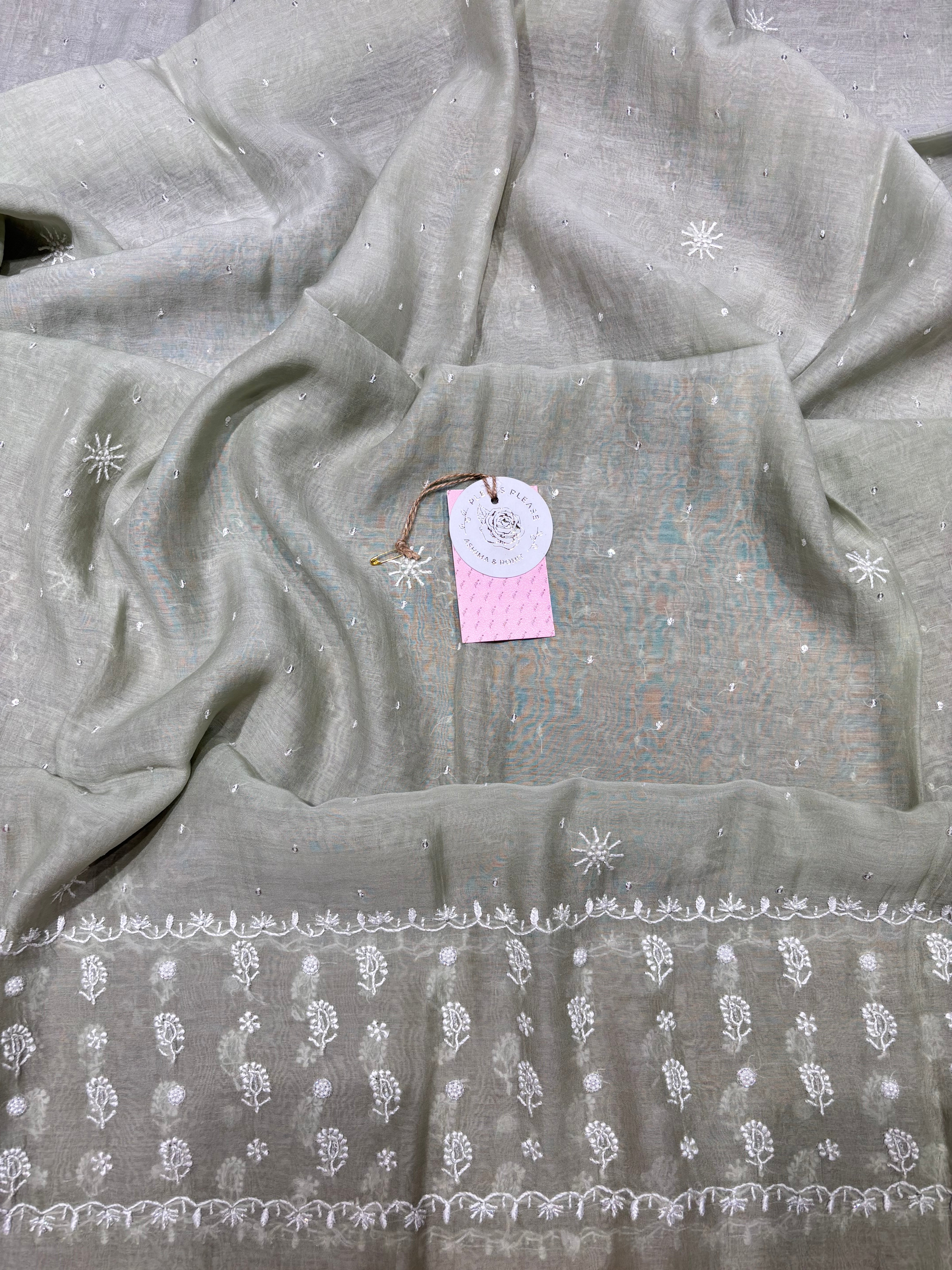 Sage Green Ombre Chanderi Mul Chikankari Anarkali & Dupatta Set