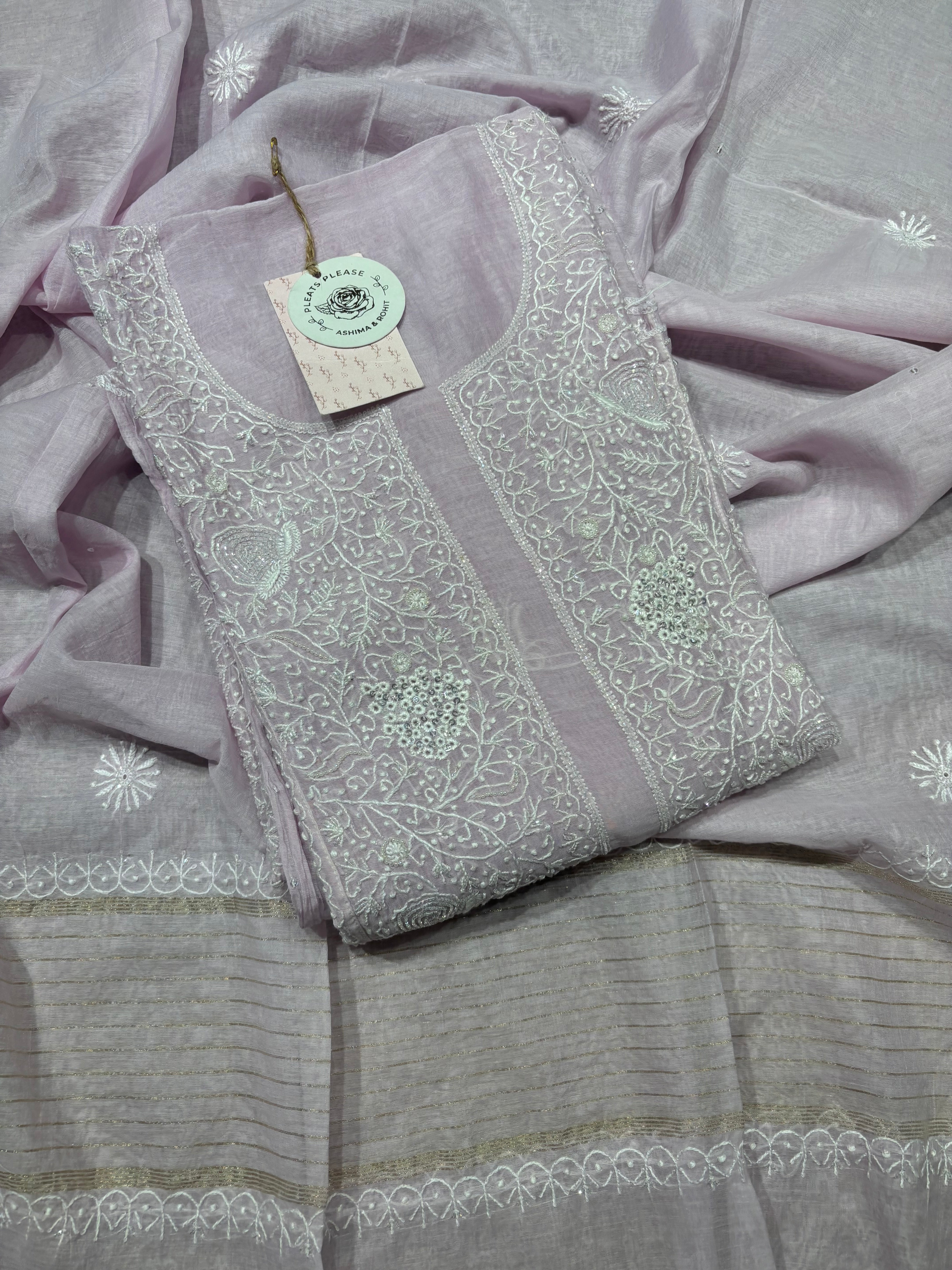 Lilac Chanderi Mul Chikankari Kurta and Dupatta set