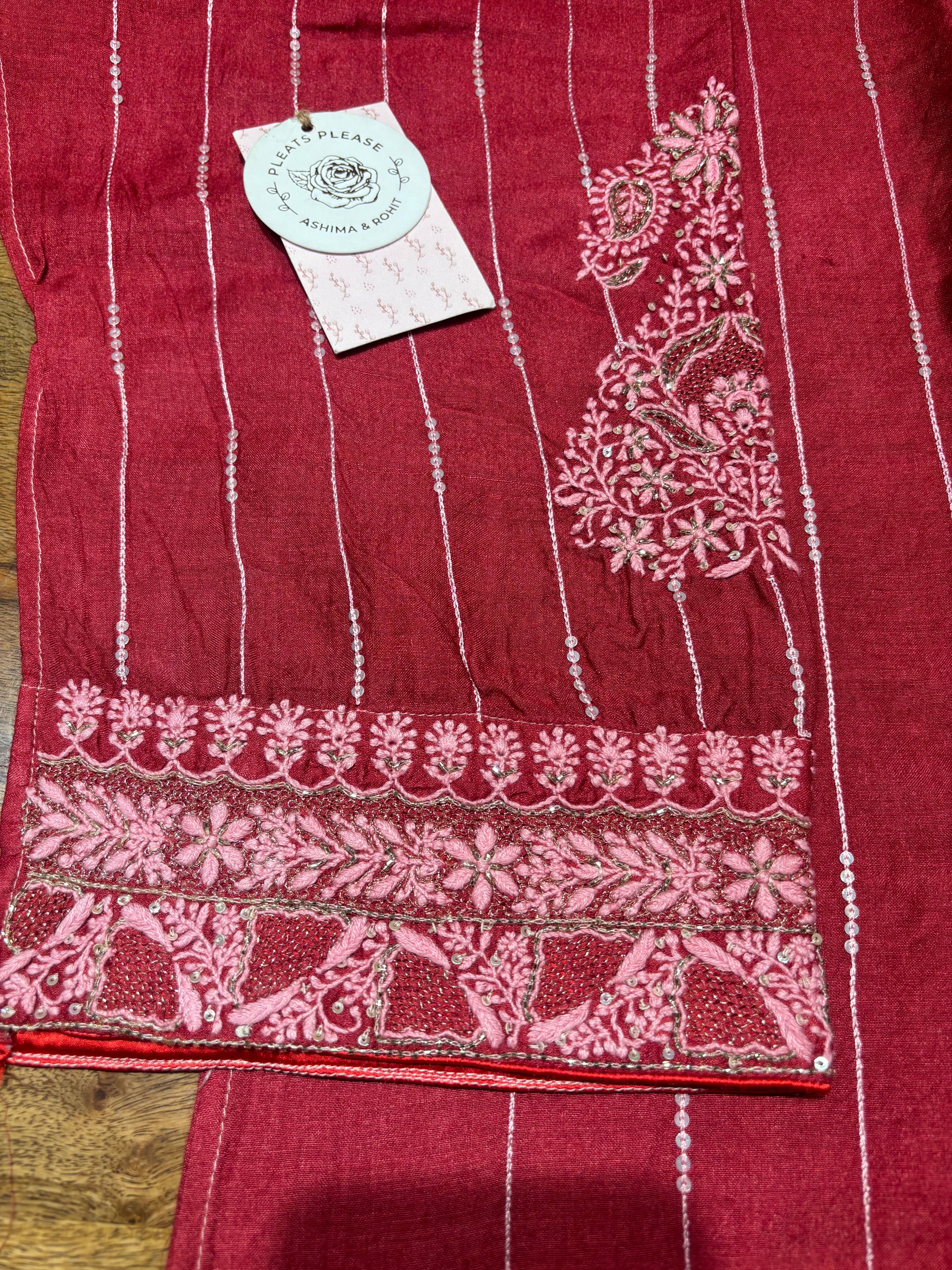 Red Monga Silk Chikankari Kurta & Dupatta Set