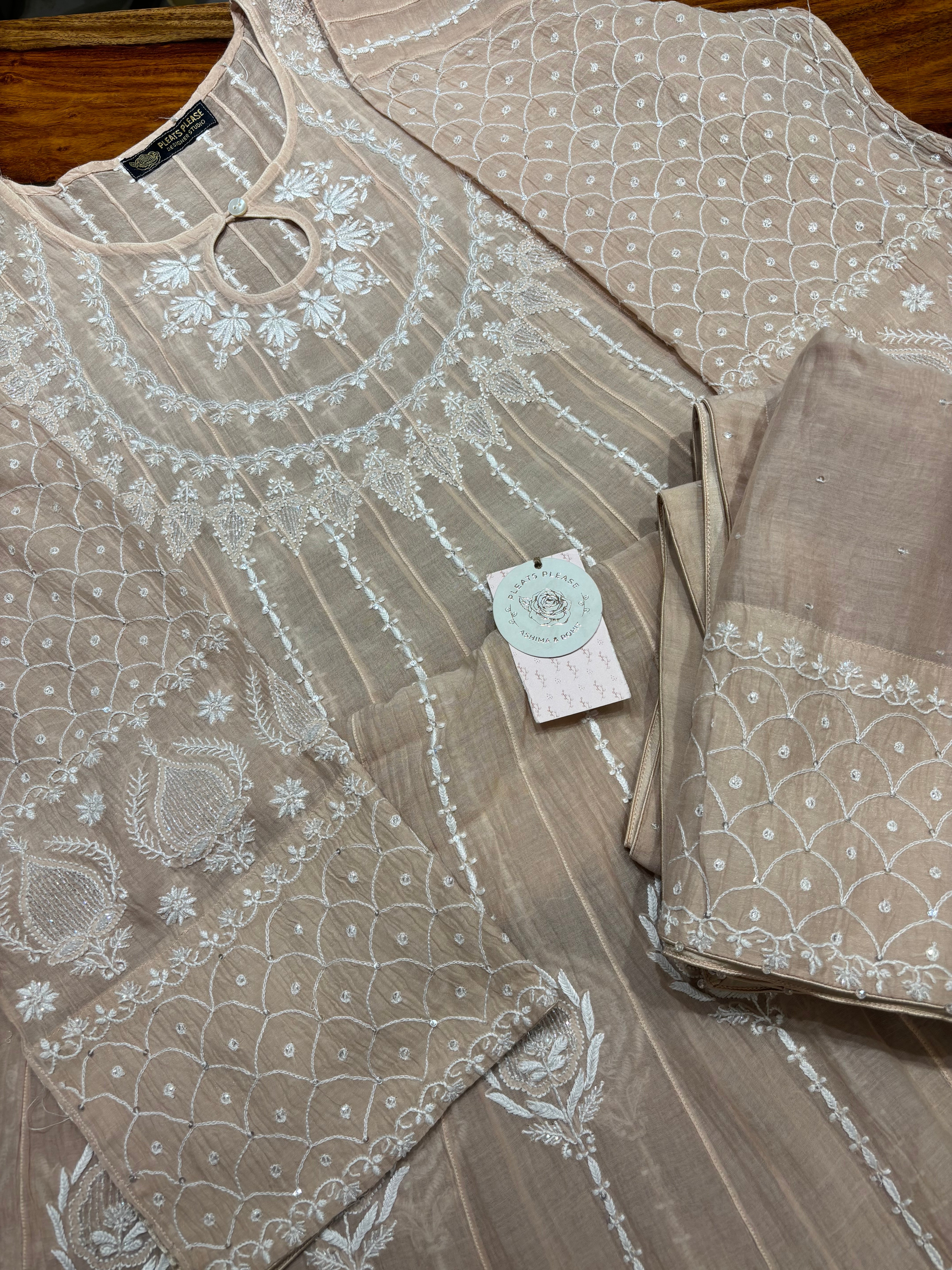 Peach Chanderi Mul Chikankari Anarkali & Dupatta Set