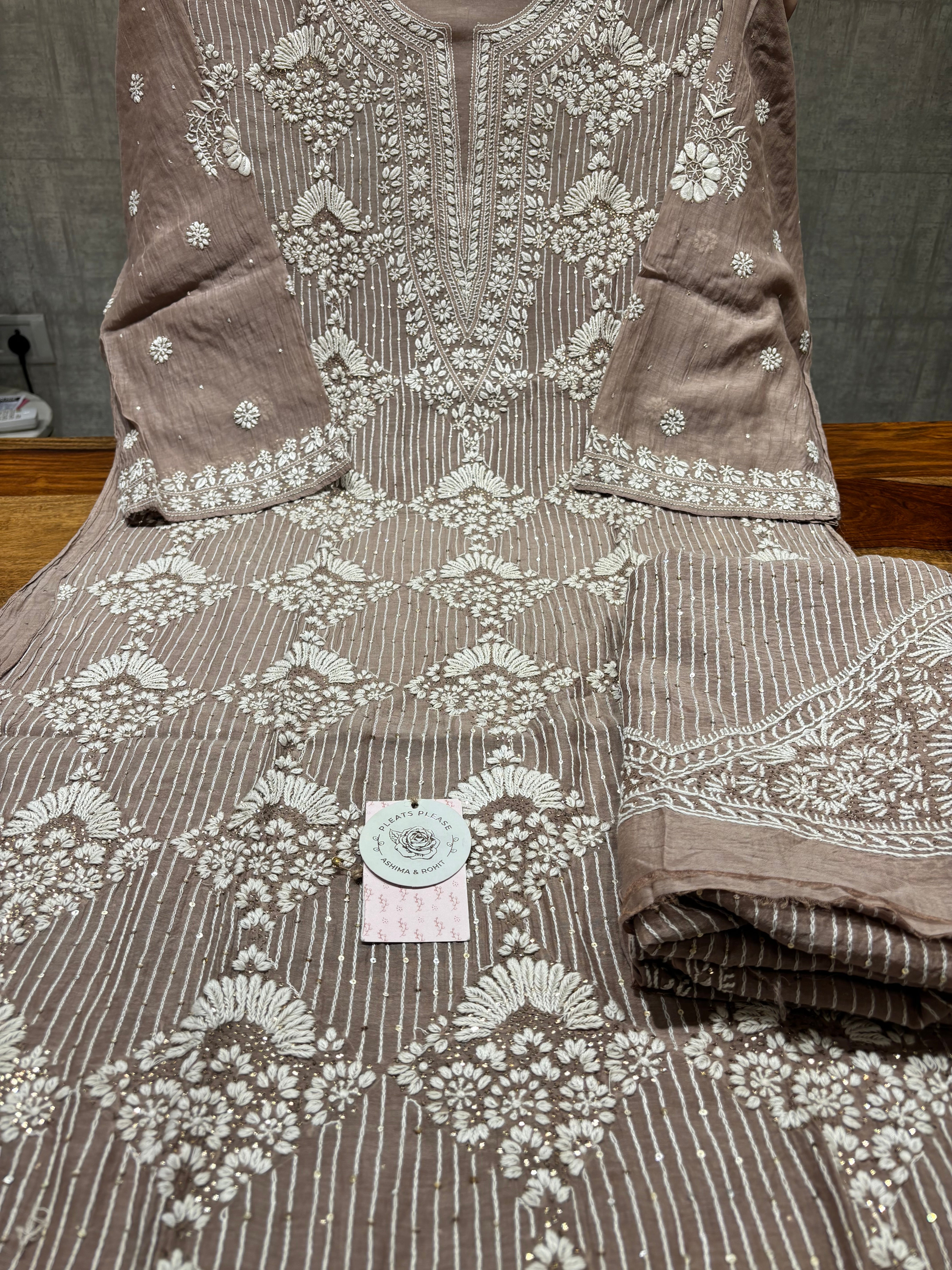 Brown Chanderi Mul Chikankari & Mukaish Kurta and Heavy Dupatta Set