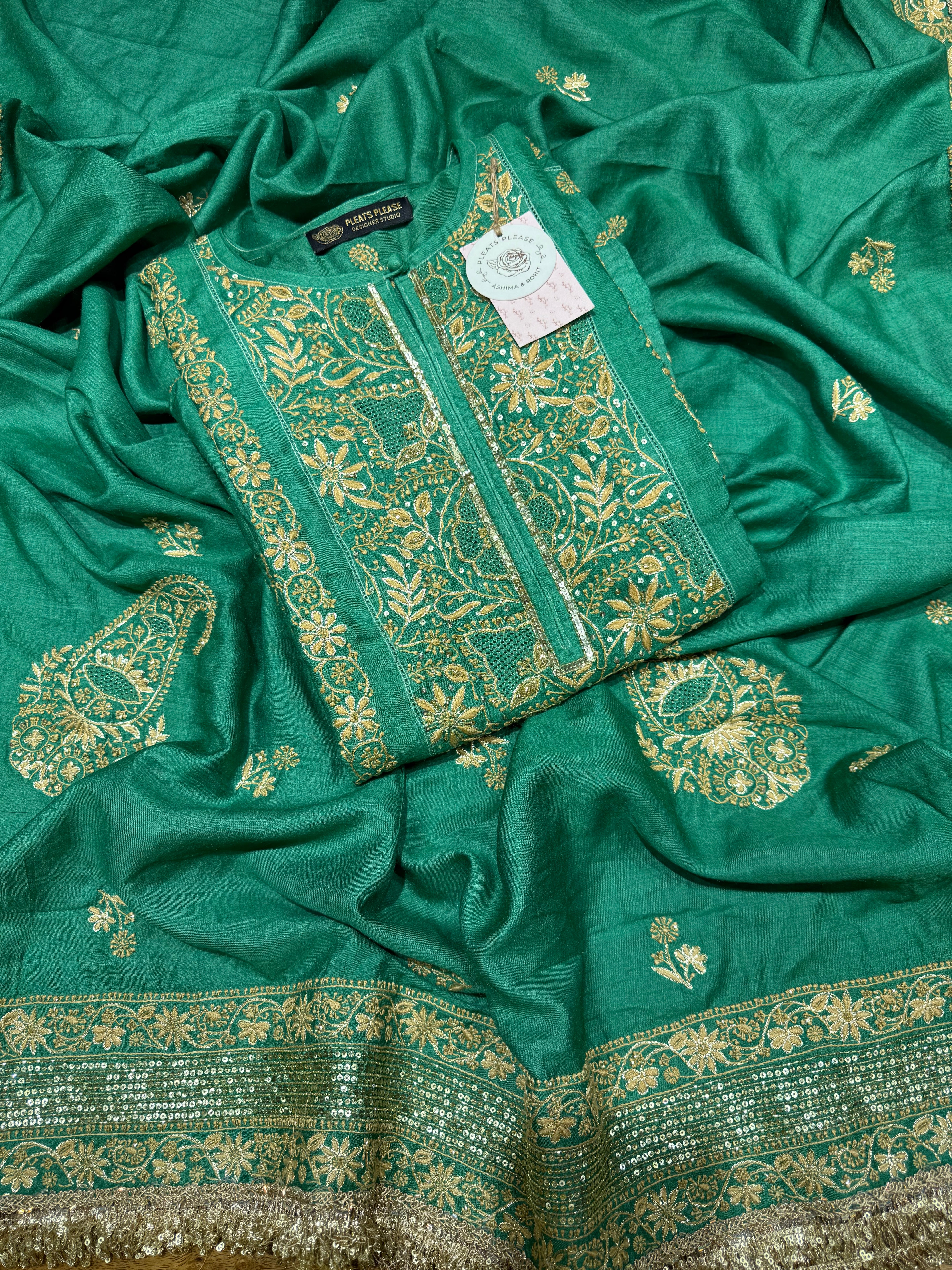 Emerald Green Monga Silk Chikankari A-Line Anarkali & Dupatta Set