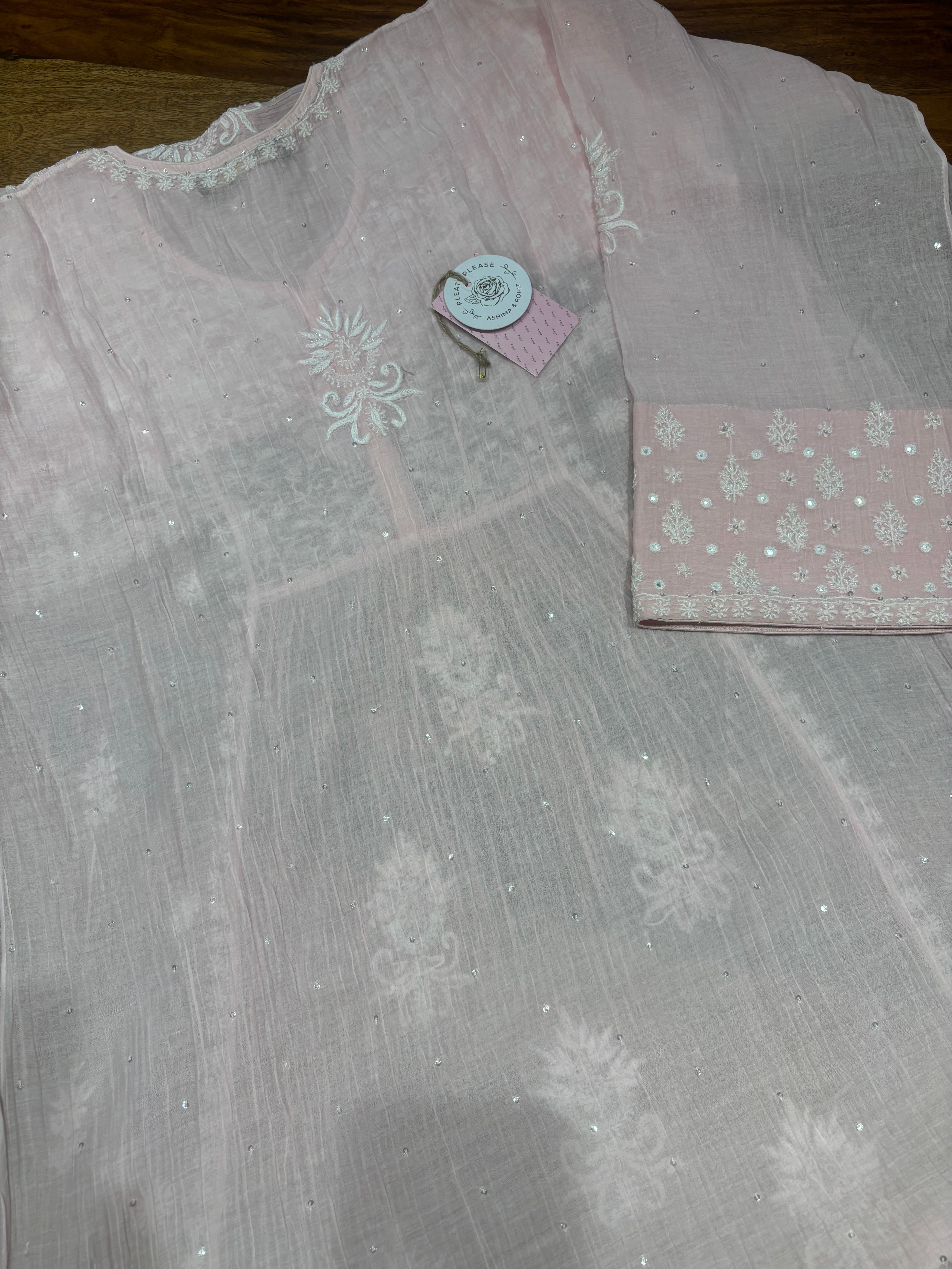 Soft Pink Chanderi Mul Chikankari Kurta, Sharara & Dupatta Set