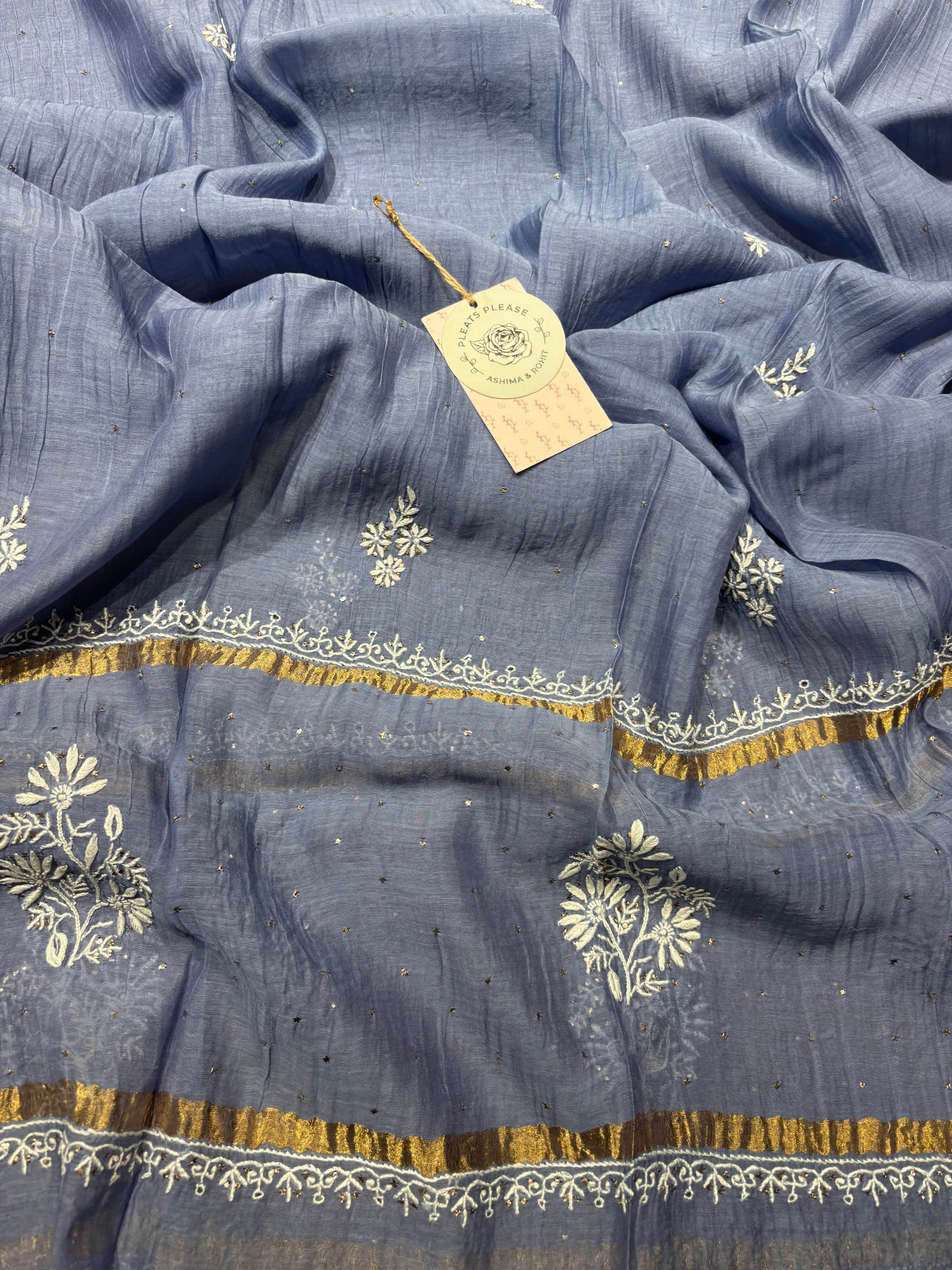 Blue Chanderi Mul Chikankari & Mukaish Kurta and Dupatta set