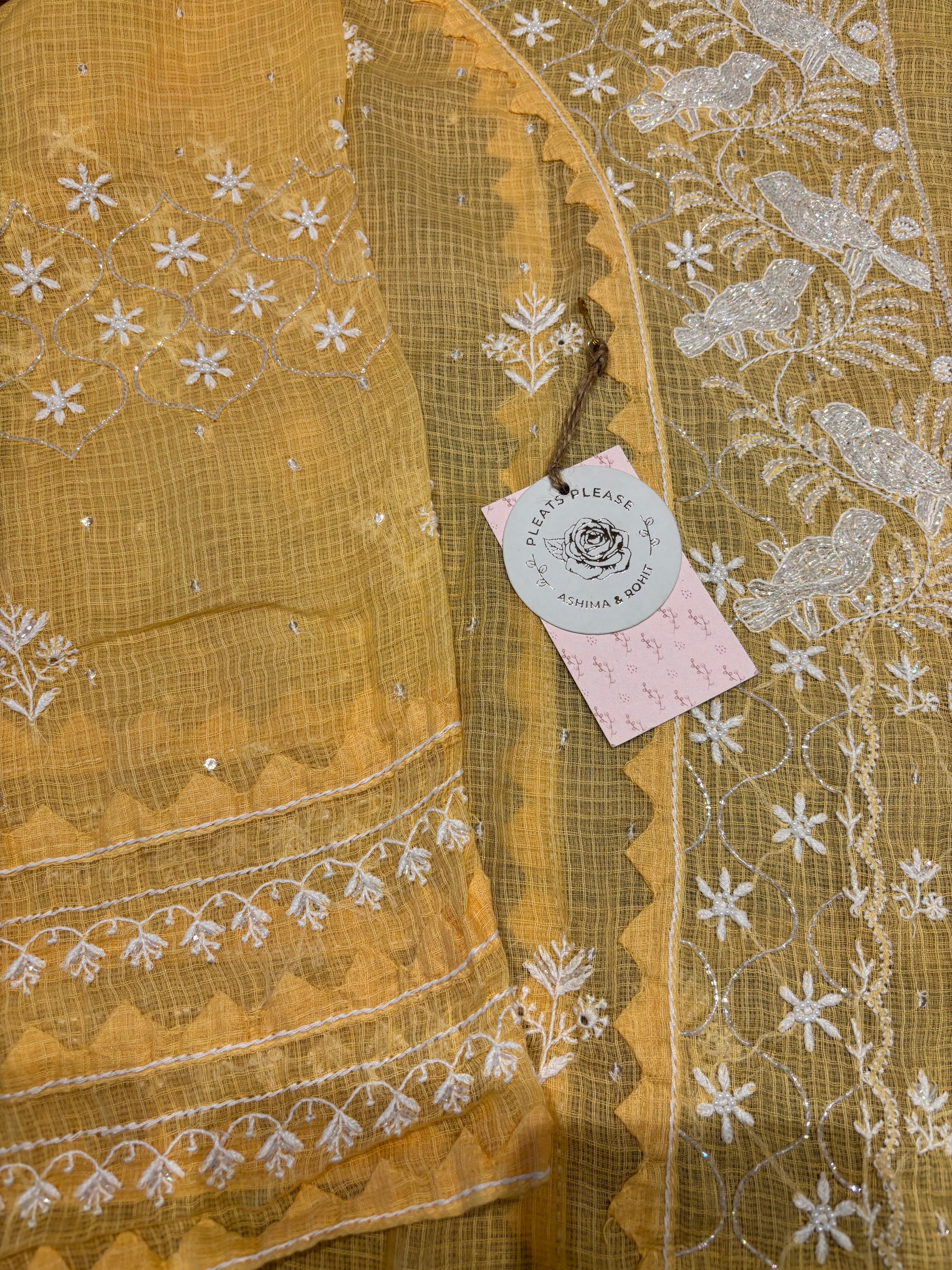 Yellow Kota Doria Chikankari Kurta And Dupatta Set