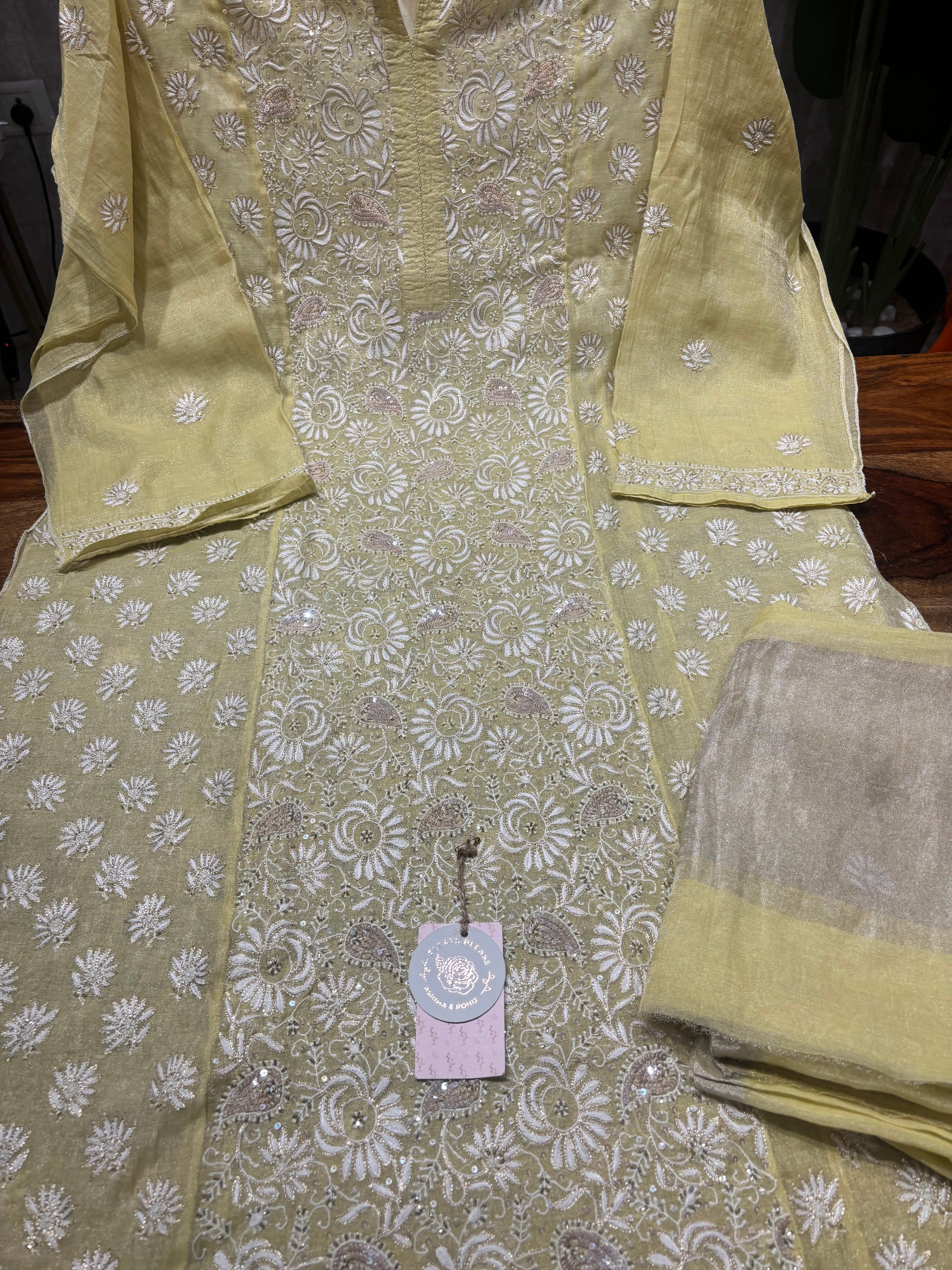 Yellow Pure & Premium Tissue Chikankari Kurta & Dupatta Set