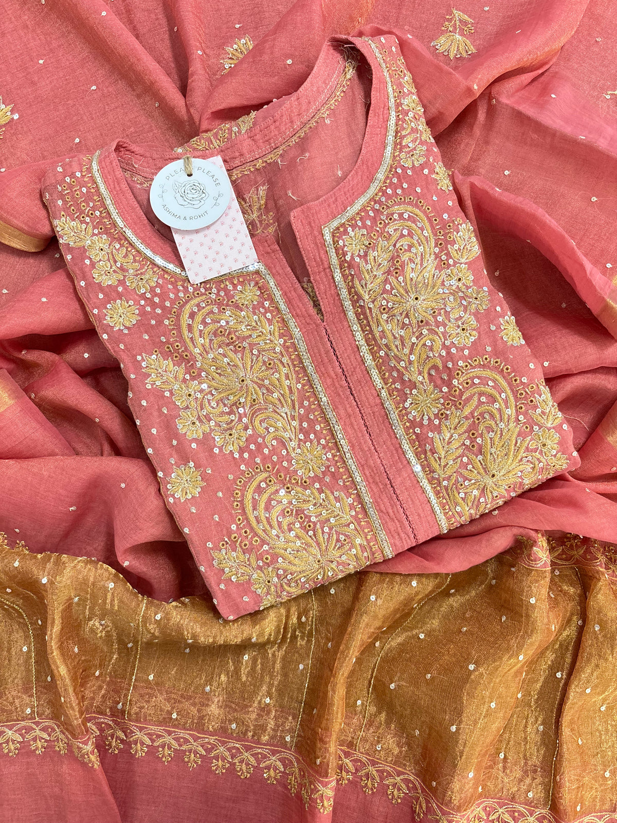 Rose Pink Pure & Premium Tissue Chikankari Kurta & Dupatta