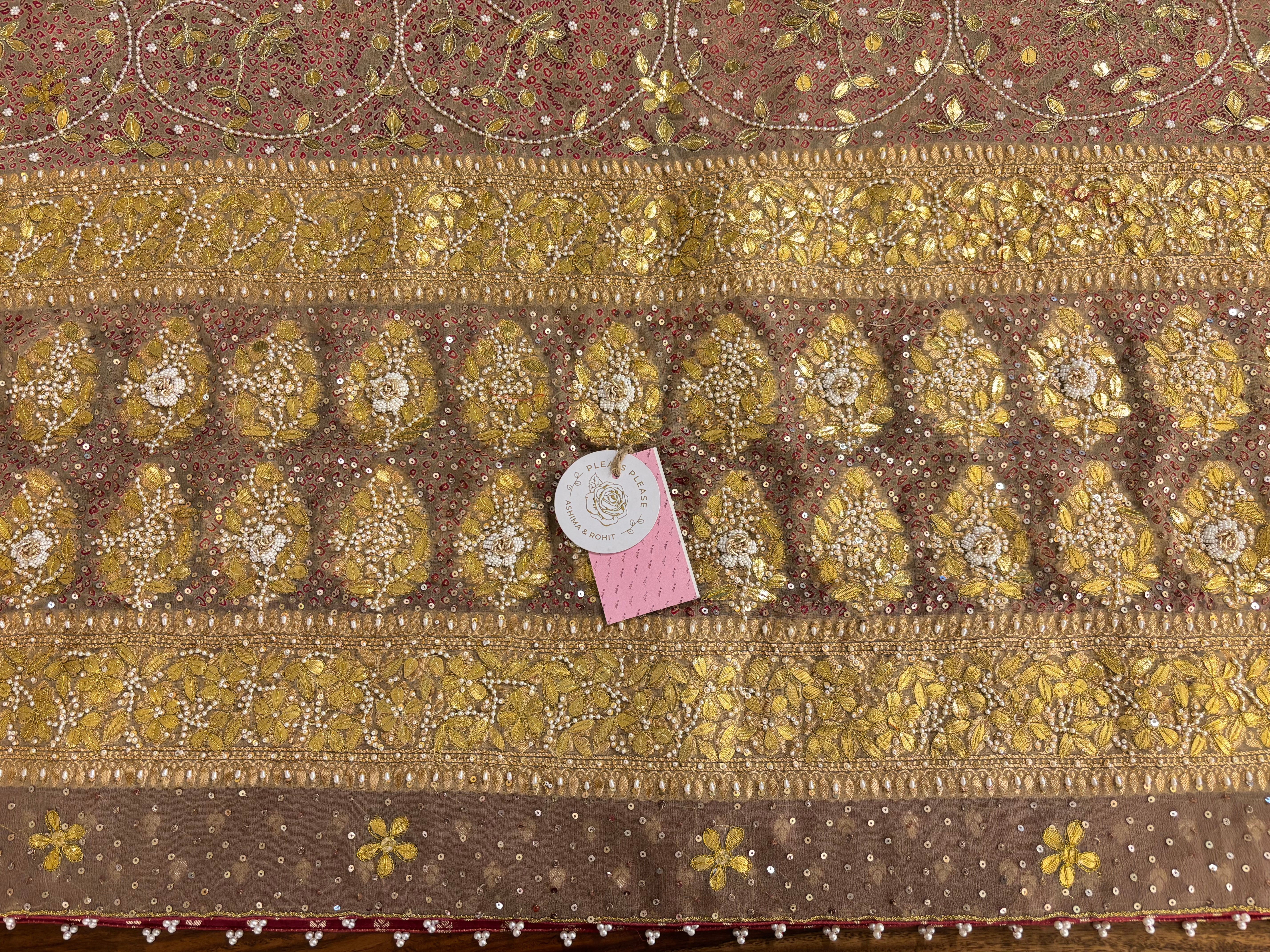 Beige-Red Pure & Premium Georgette Gota Patti Bandhej Zardozi Dupatta - Pleats PleaseChikankari