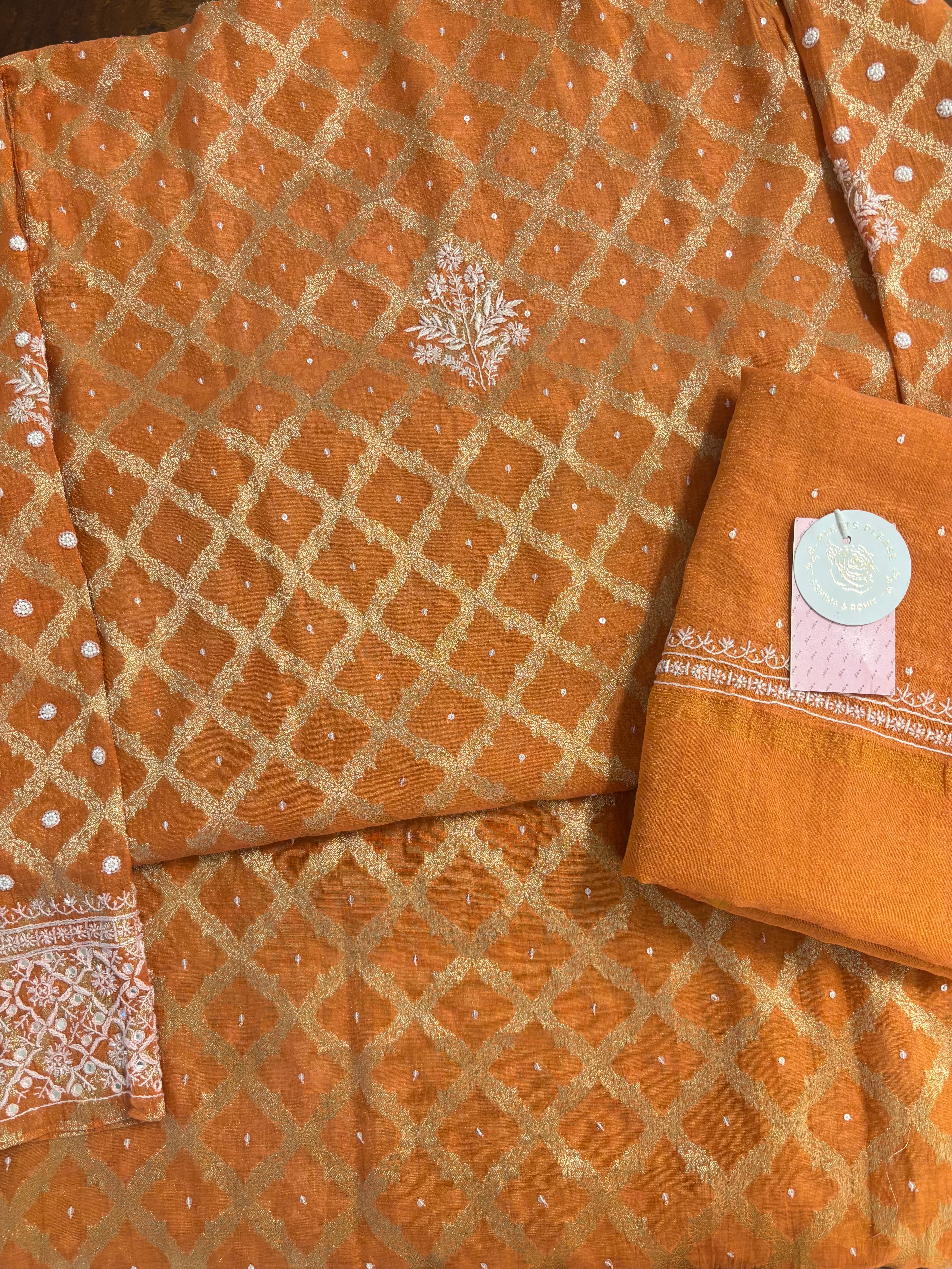Burnt Orange Pure Tissue Chanderi Banarasi Silk Chikankari Kurta & Dupatta - Pleats PleaseChikankari