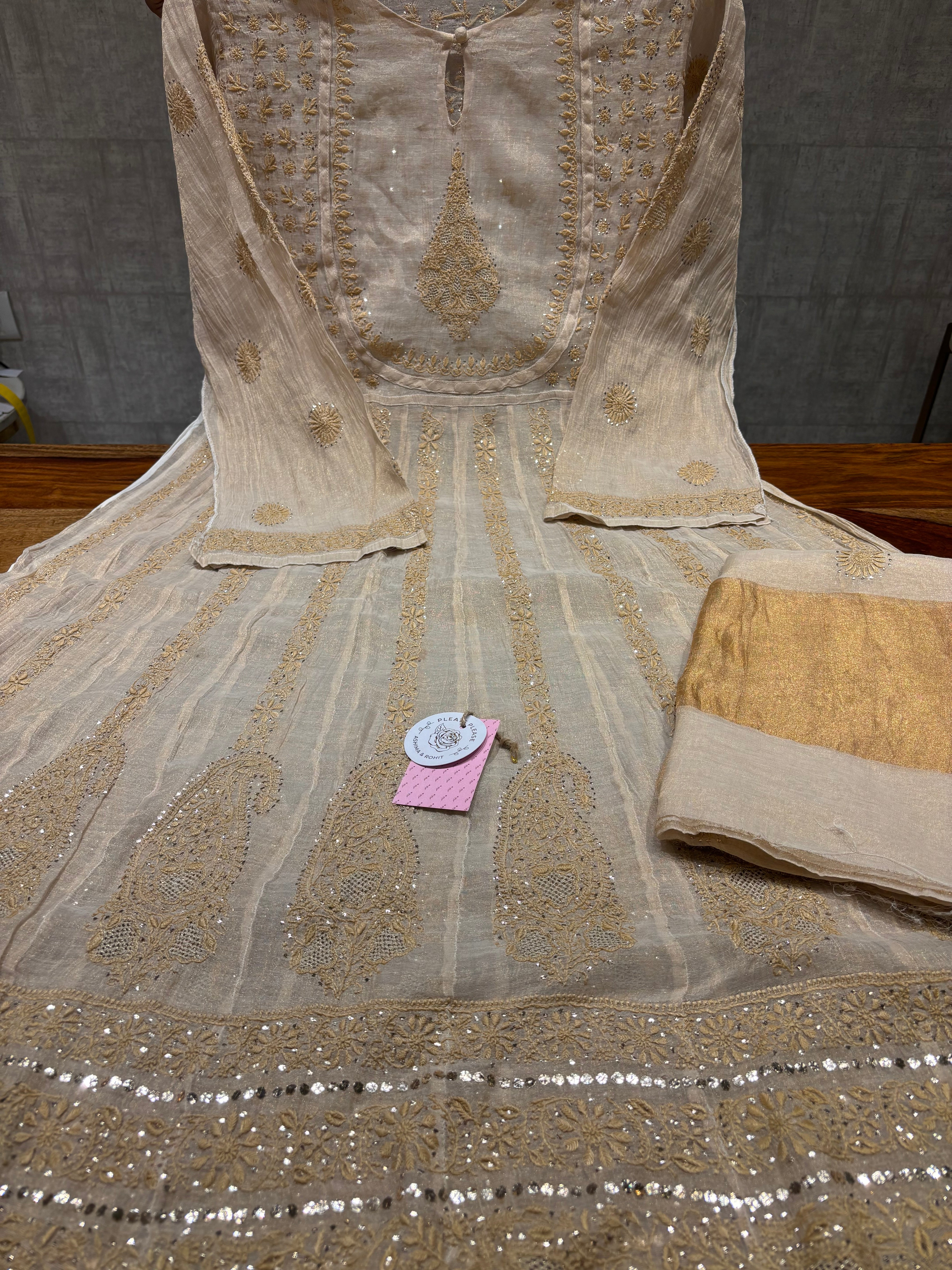 Dyeable Pure and Premium Tissue Chikankari & Mukaish Bajirao Anarkali and Dupatta Set