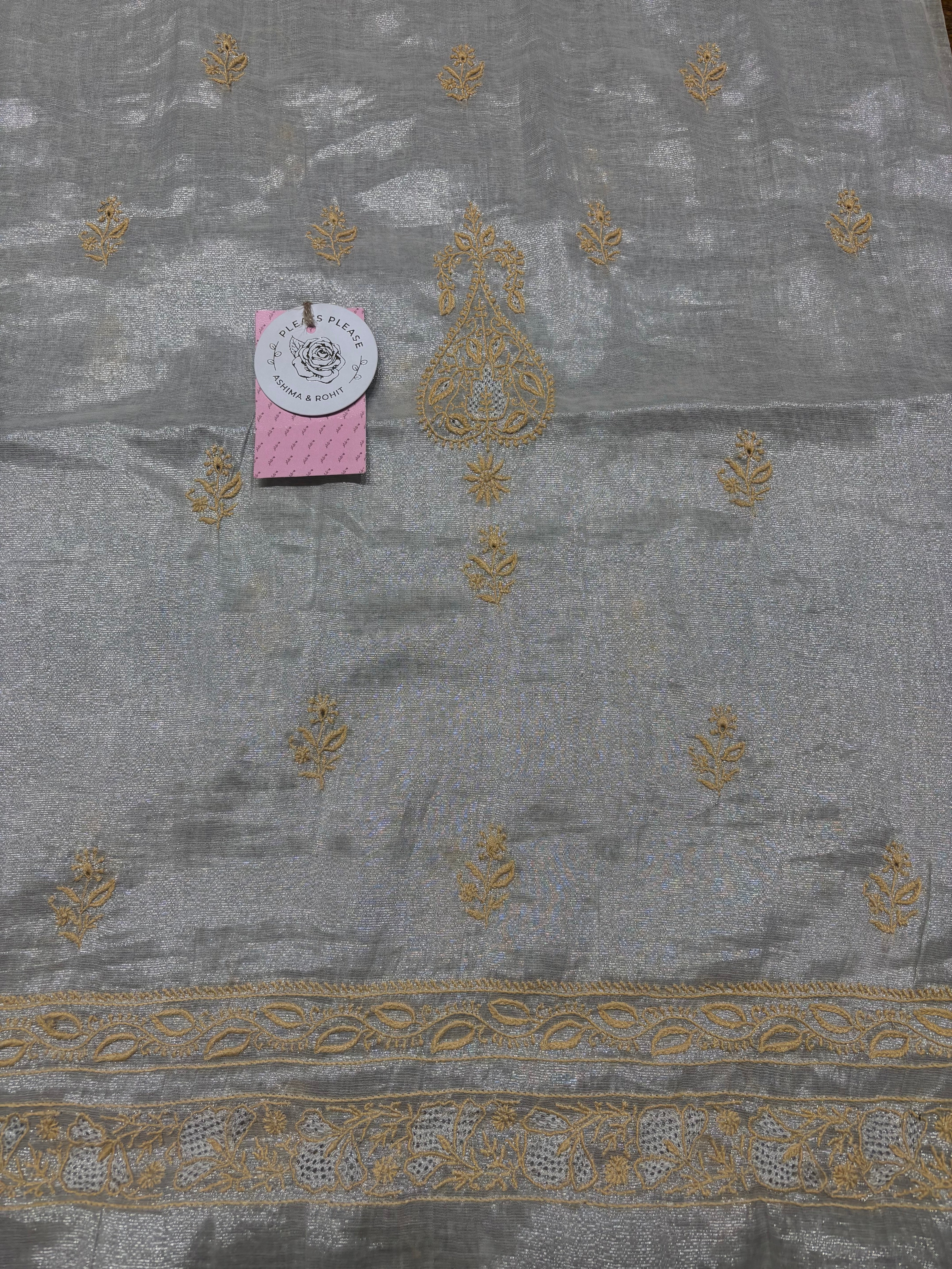Dyeable Pure & Premium Silver Tissue Chikankari Men’s Kurta Fabric - Pleats PleaseChikankari