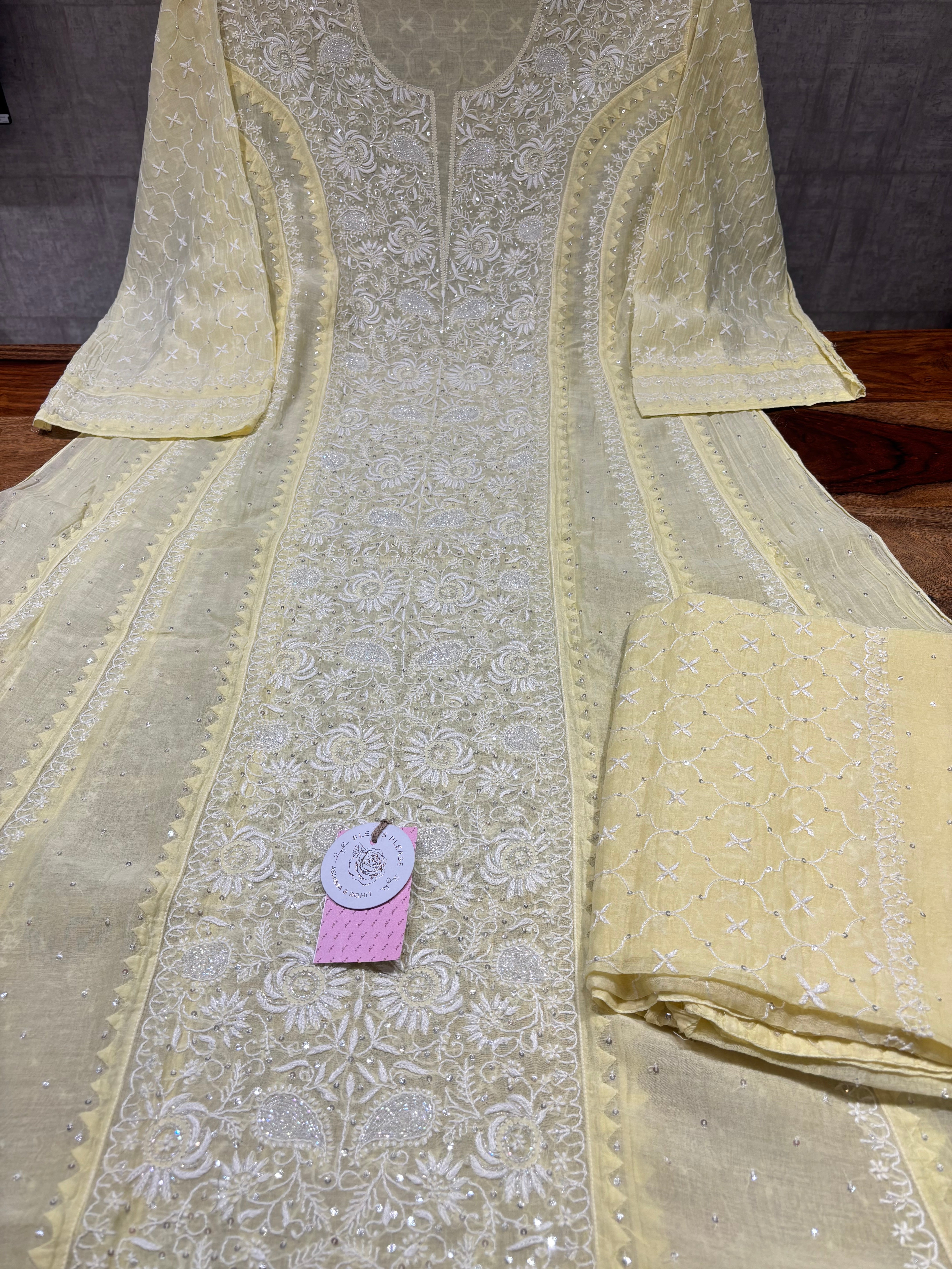 Yellow Chanderi Mul Chikankari Anarkali & Dupatta Set