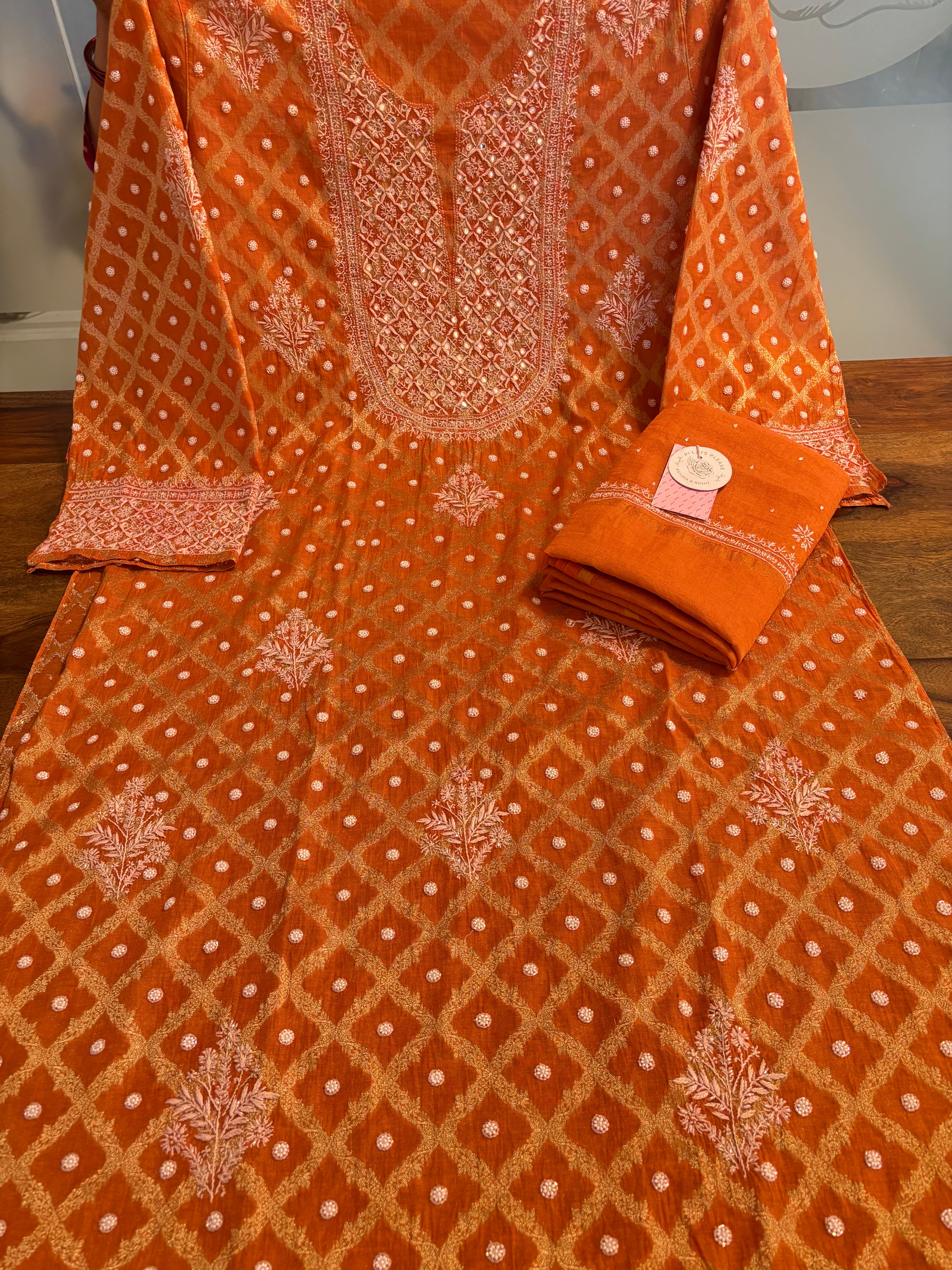 Burnt Orange Pure Tissue Chanderi Banarasi Silk Chikankari Kurta & Dupatta - Pleats PleaseChikankari