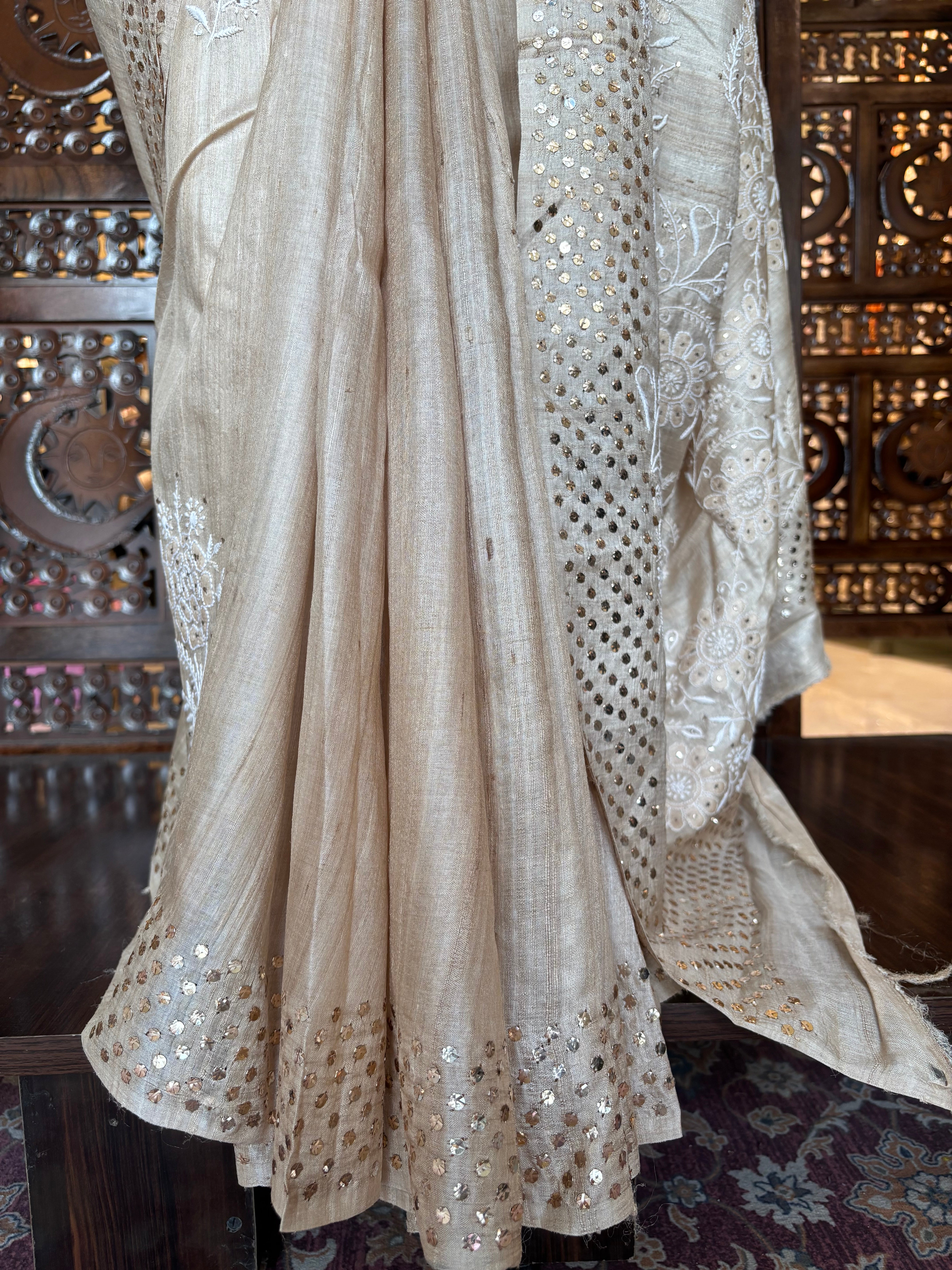 Natural Tussar Silk Chikankari Mukaish Saree