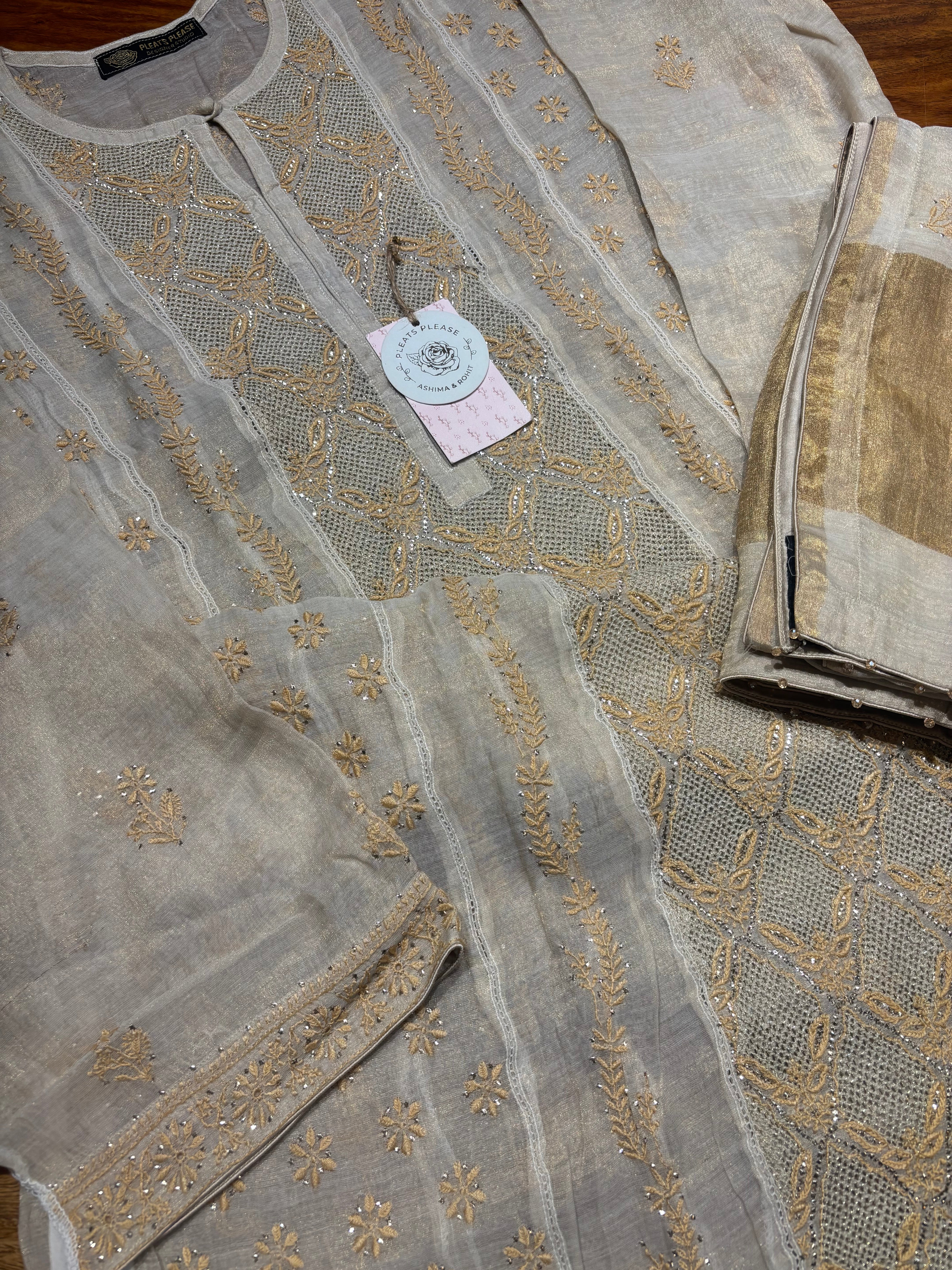 Dyeable Pure Tissue Kalidar Chikankari Kurta and Dupatta set