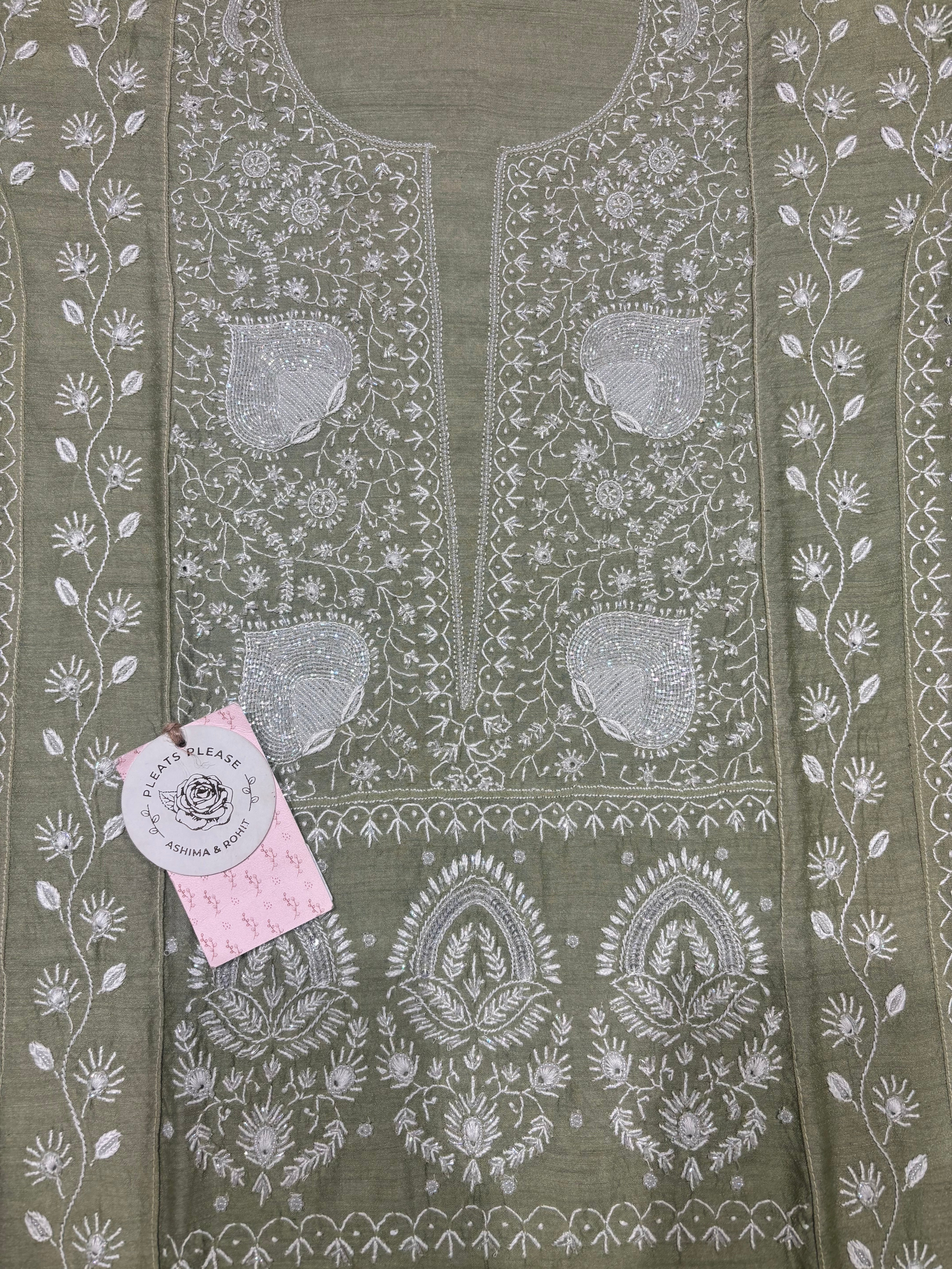 Mossy Green Pure and Premium Monga Silk Chikankari Kurta and Dupatta Set