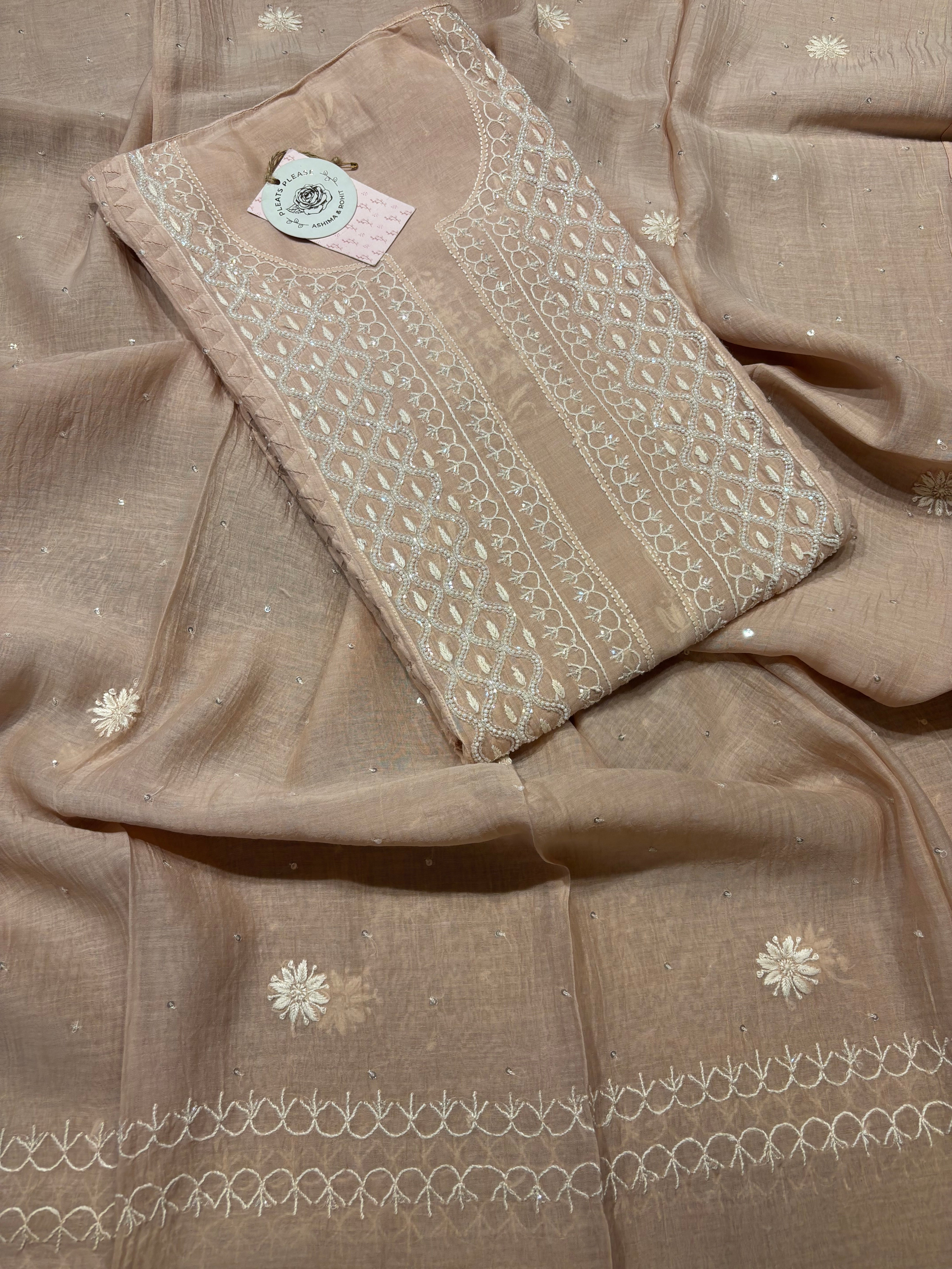 Dusty Peach Chanderi Mul Chikankari Kurta and Dupatta set