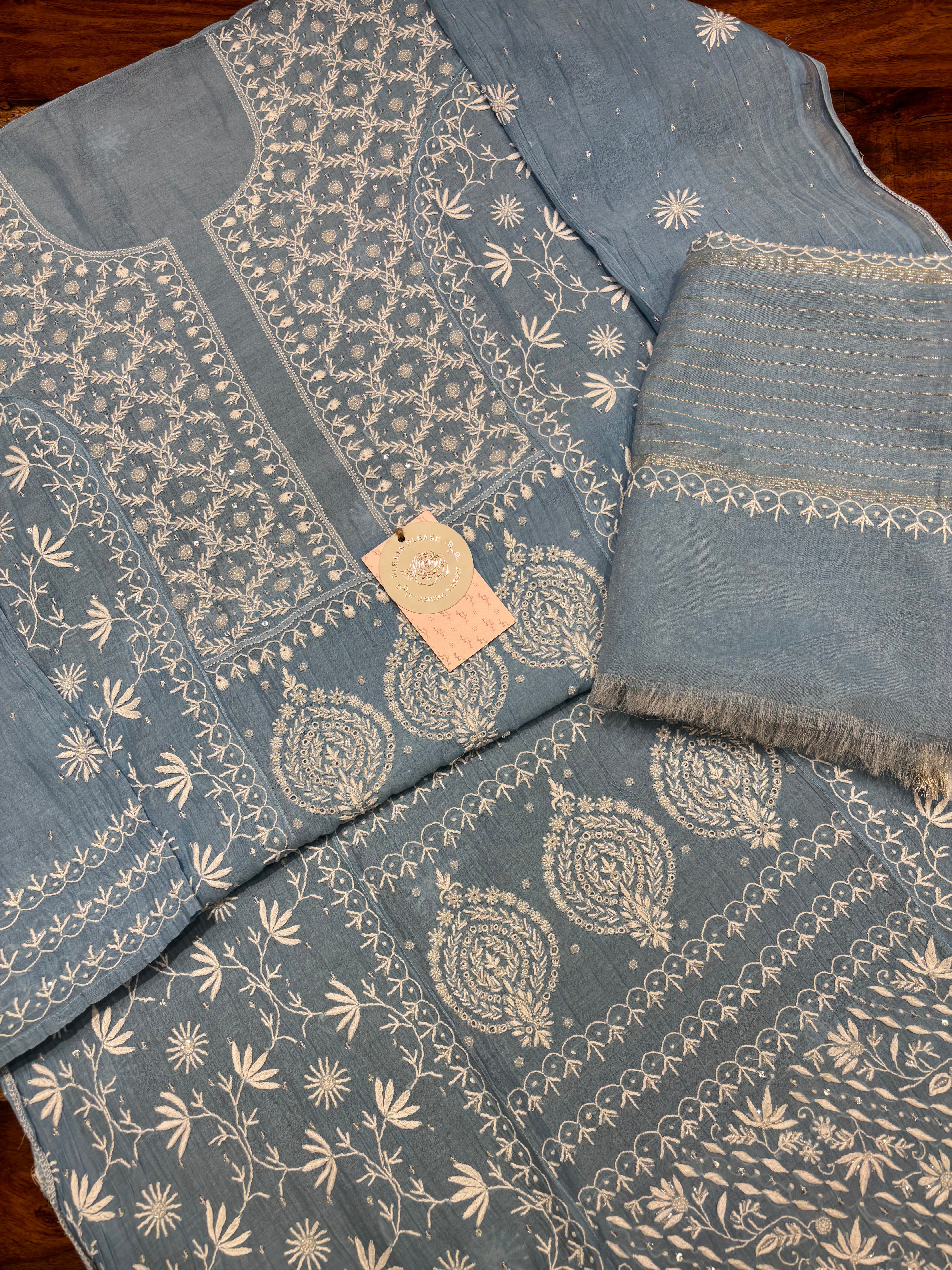Powder Blue Chanderi Mul Chikankari Kurta & Dupatta Set