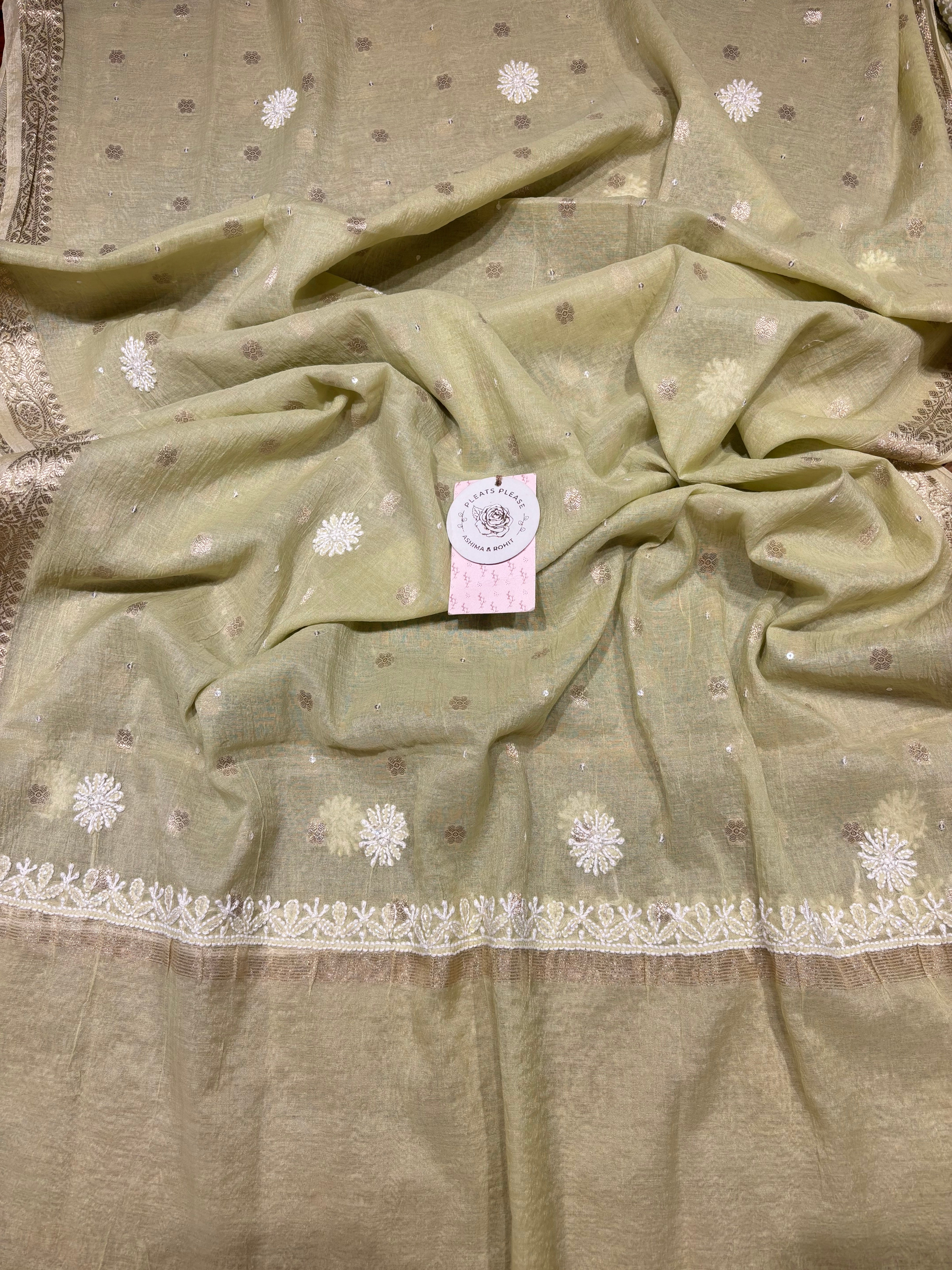 Pistachio Green Chanderi Silk Chikankari Kurta & Dupatta Fabric