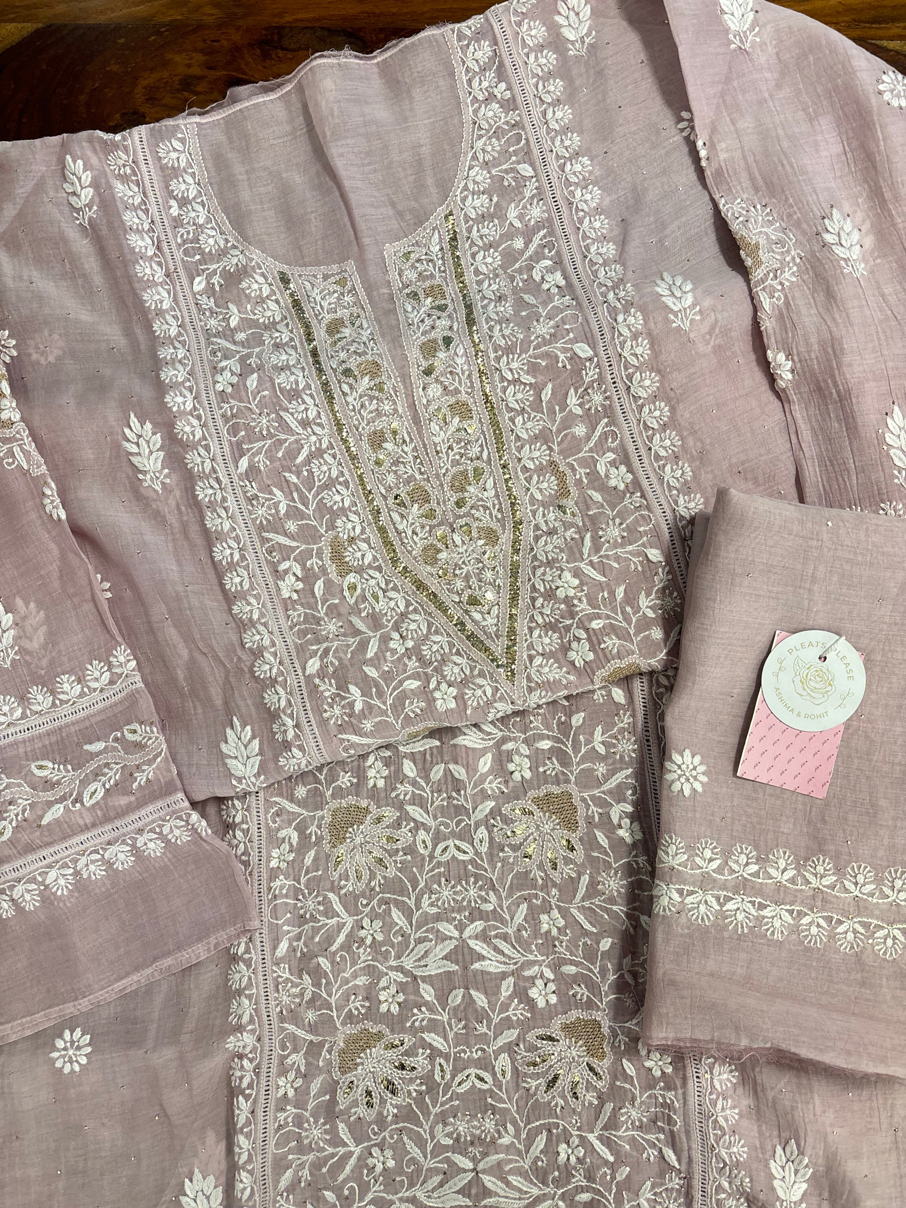 Rose Gold Chanderi Chikankari Mukaish Kurta & Dupatta - Pleats PleaseChikankari