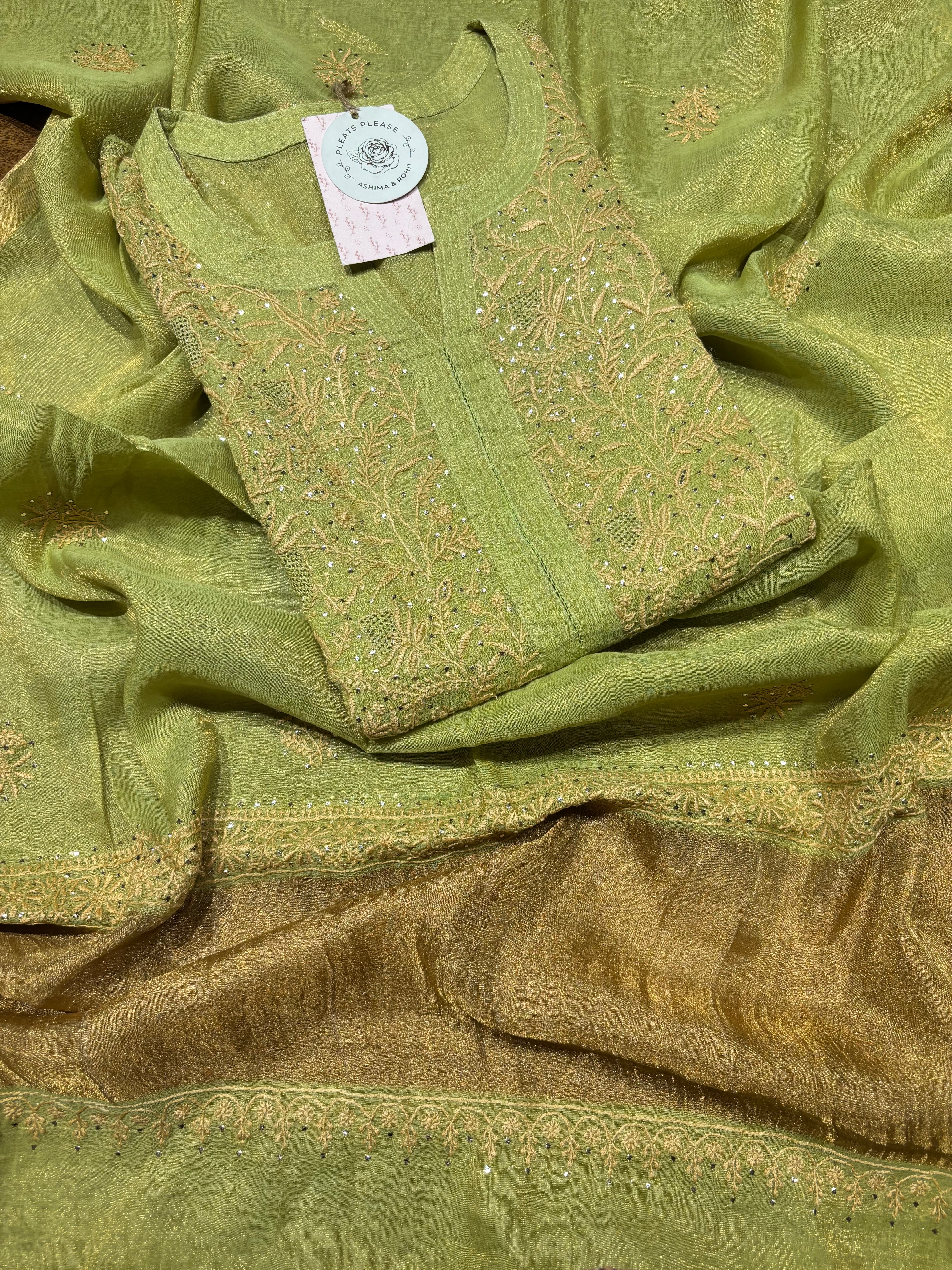 Green Pure And Premium Tissue Chikankari Kurta And Dupatta Set