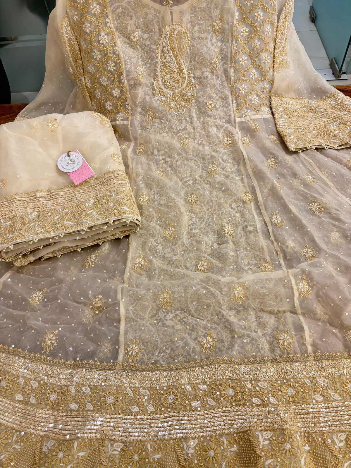 Ivory Pure & Premium Organza Chikankari Anarkali & Dupatta Set - Pleats PleaseChikankari
