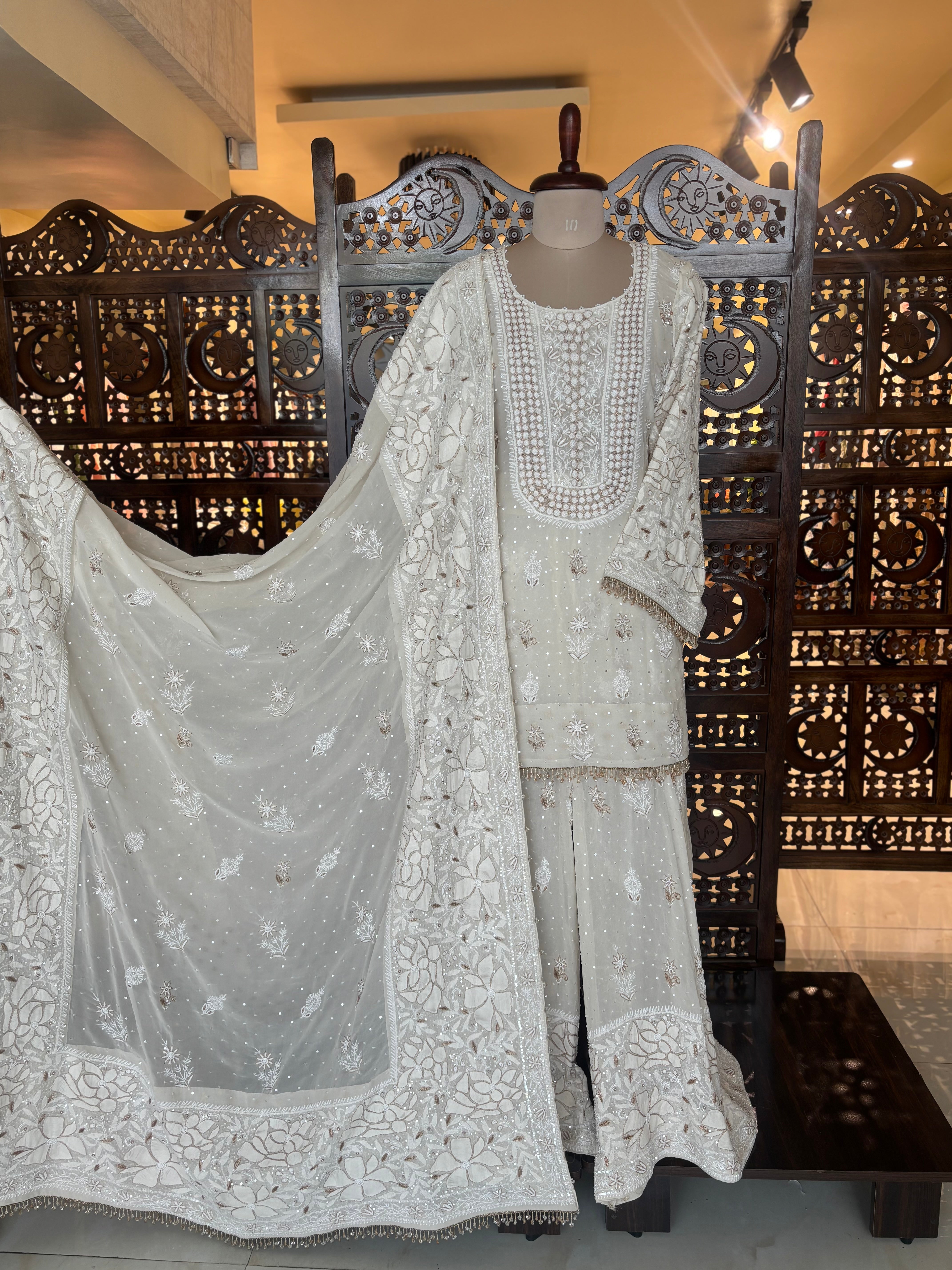 Dyeable Pure & Premium Georgette Chikankari Kurta & Dupatta With Sharara