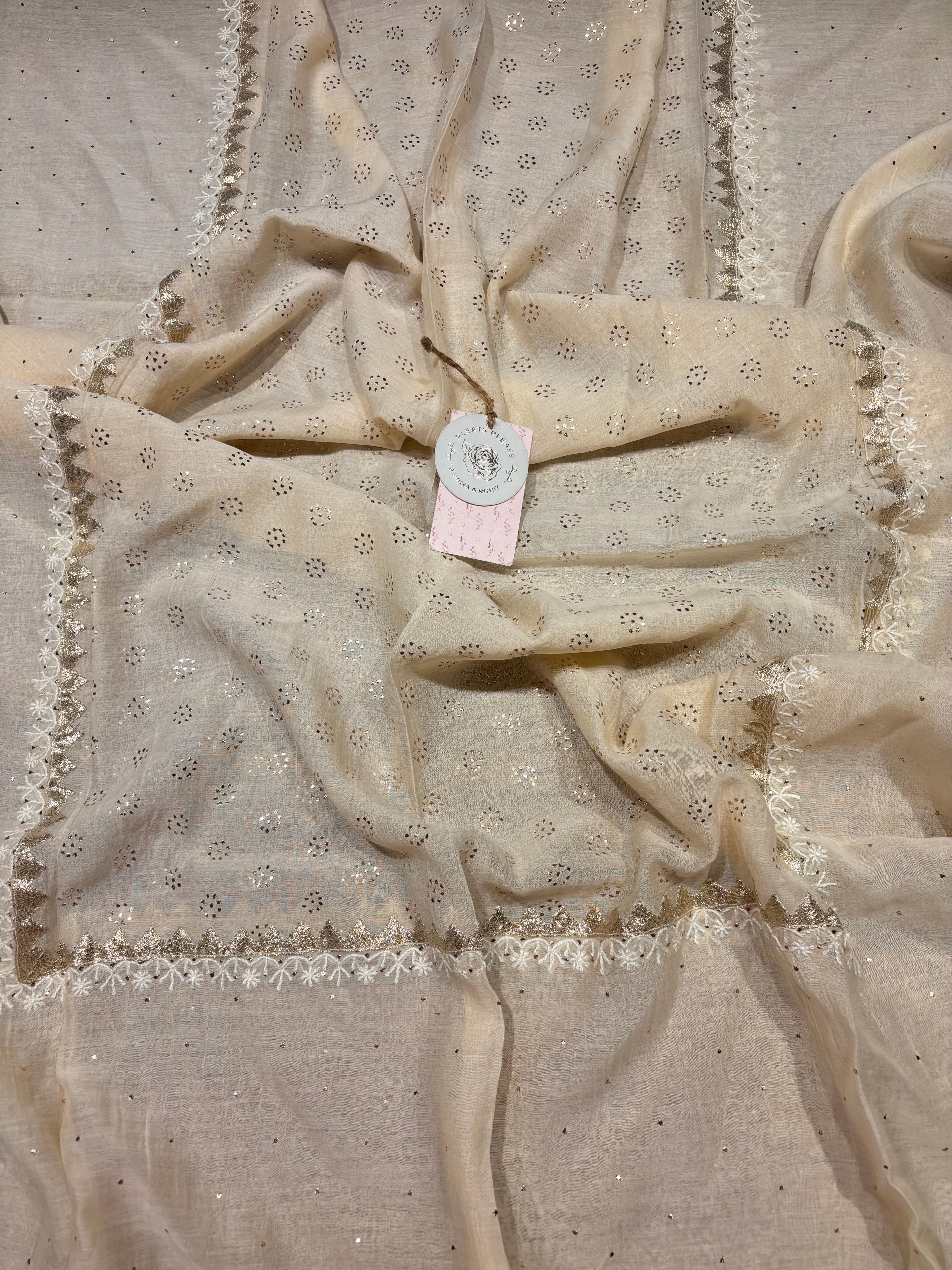 Off White Chanderi Mul Chikankari & Mukaish Kurta & Dupatta Set