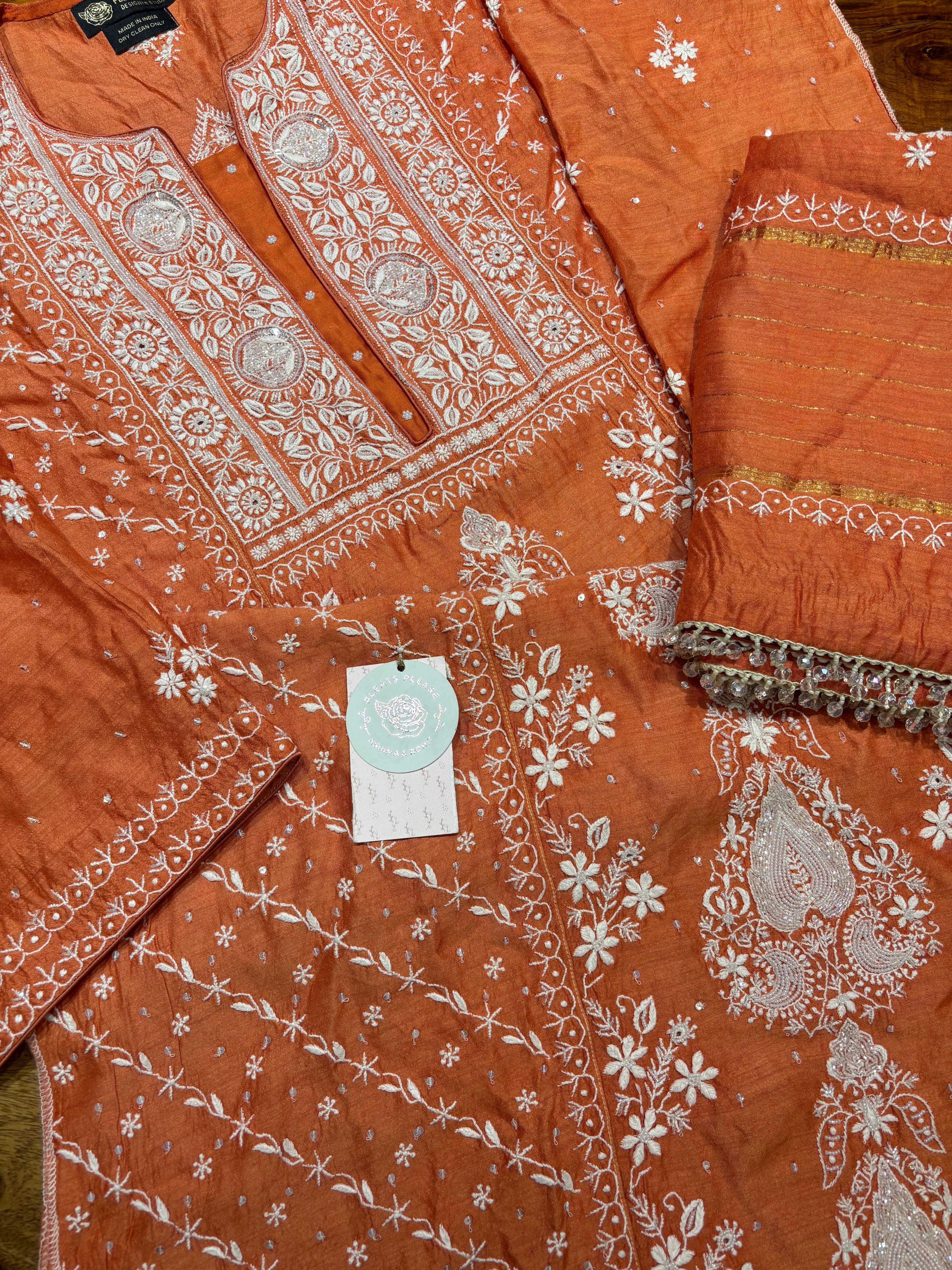 Burnt Orange Monga Silk Chikankari Kurta And Dupatta Set